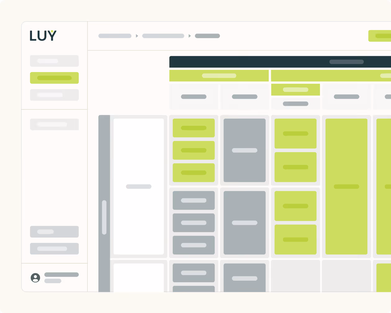 Benutzeroberfläche mit Menü auf der linken Seite und einem Hauptbereich mit farblich hervorgehobenen Tabellen- und Rasterelementen.