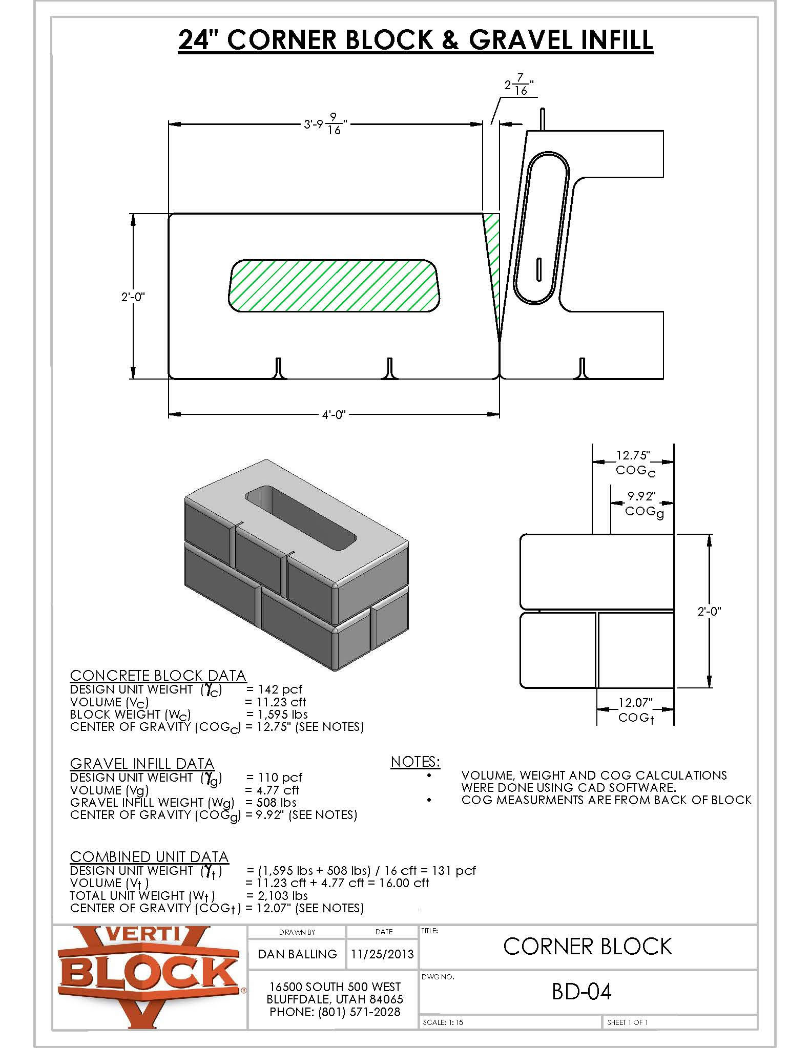 Technical drawing and data sheet for a 24-inch corner concrete block with gravel infill, showing dimensions, weight, volume, center of gravity, and a 3D block illustration.