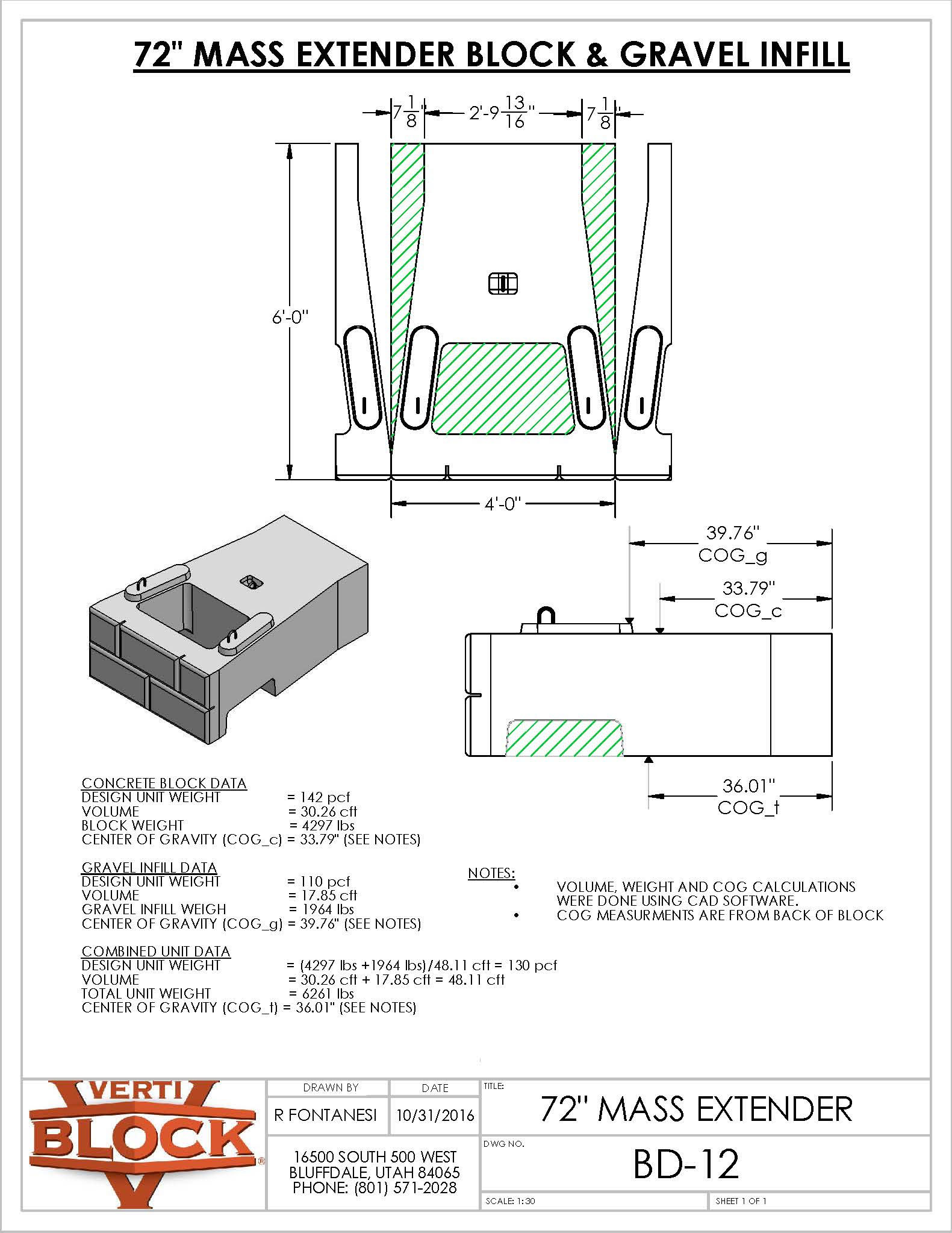 Engineering drawing of a 72 inch mass extender block with gravel infill, including dimensions, center of gravity data, and a 3D block illustration.