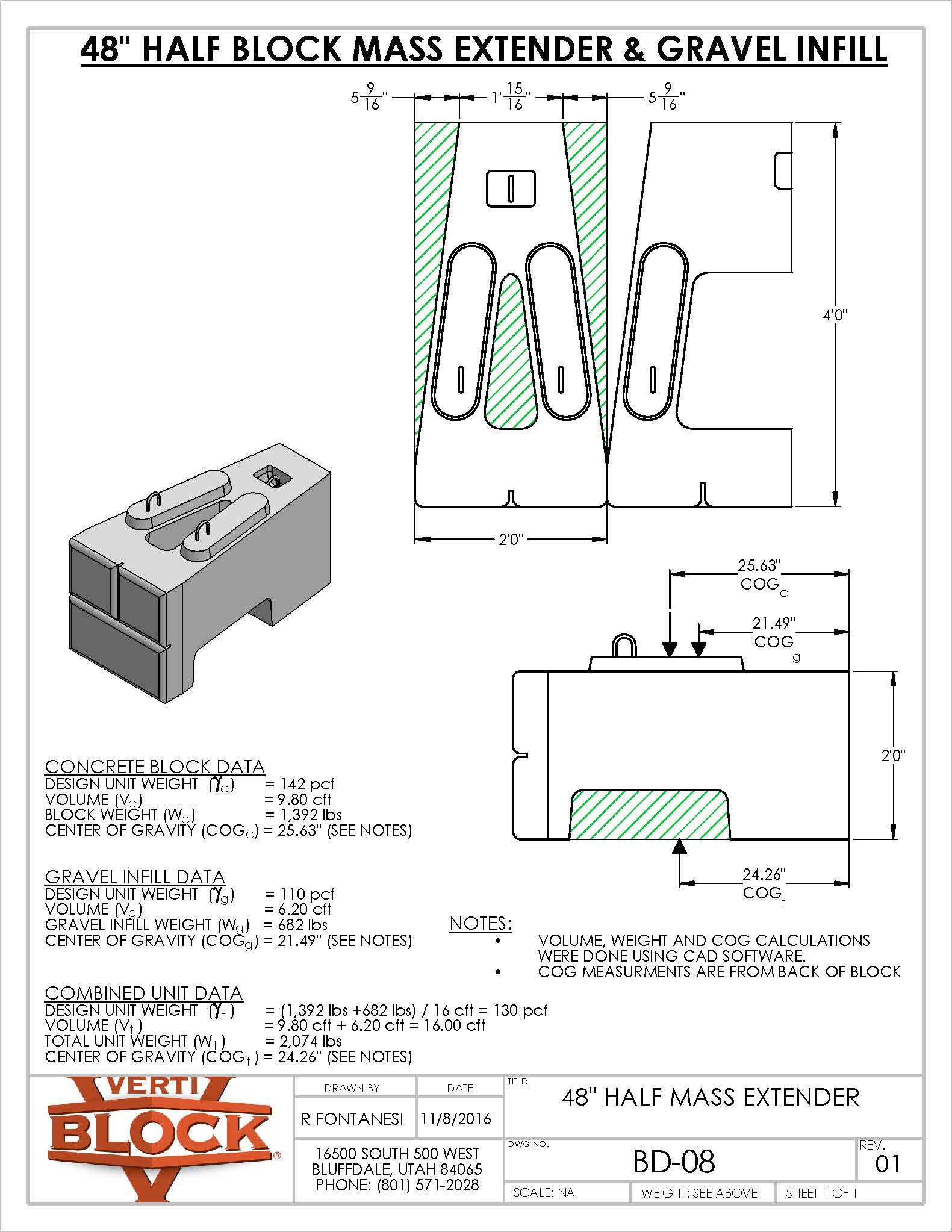 Technical drawing and 3D model of a 48-inch half block mass extender with dimensions, concrete block data, gravel infill data, combined unit data, and center of gravity measurements.