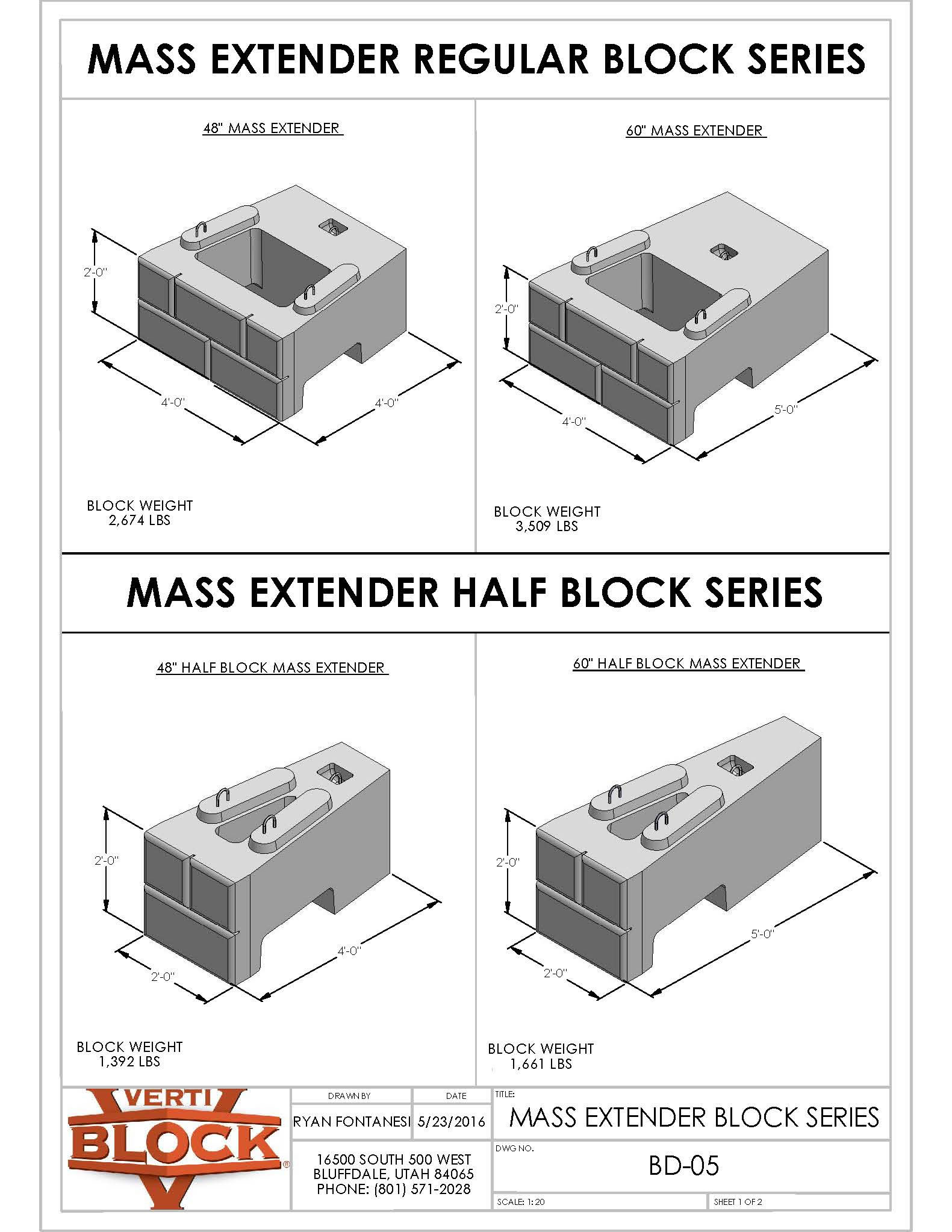 Technical drawing showing dimensions and weights of four mass extender blocks: 48-inch and 60-inch regular blocks, and 48-inch and 60-inch half blocks, with measurements in feet and block weights in pounds.