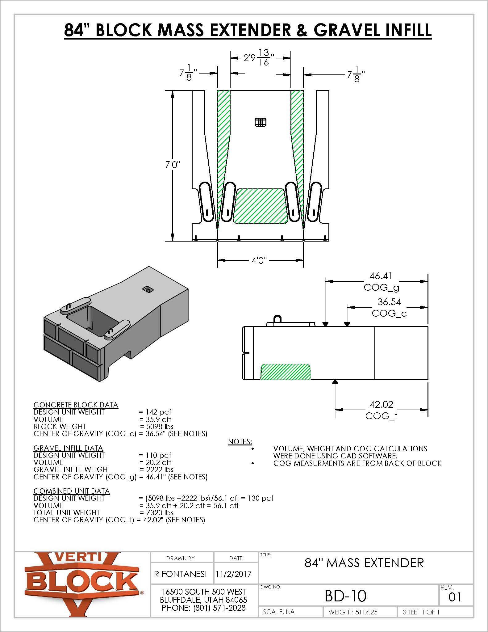 Engineering drawing of an 84-inch block mass extender with gravel infill, showing top, side, and isometric views with measurements and weight data.