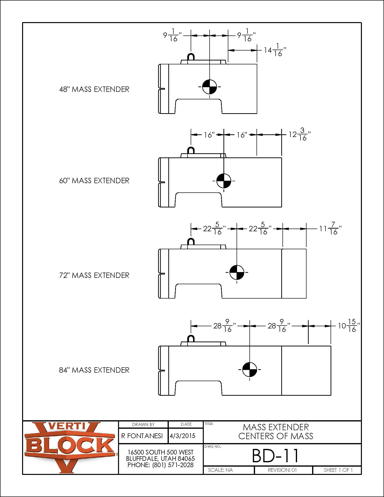 Engineering drawing showing side views and center of mass measurements for 48", 60", 72", and 84" mass extenders.