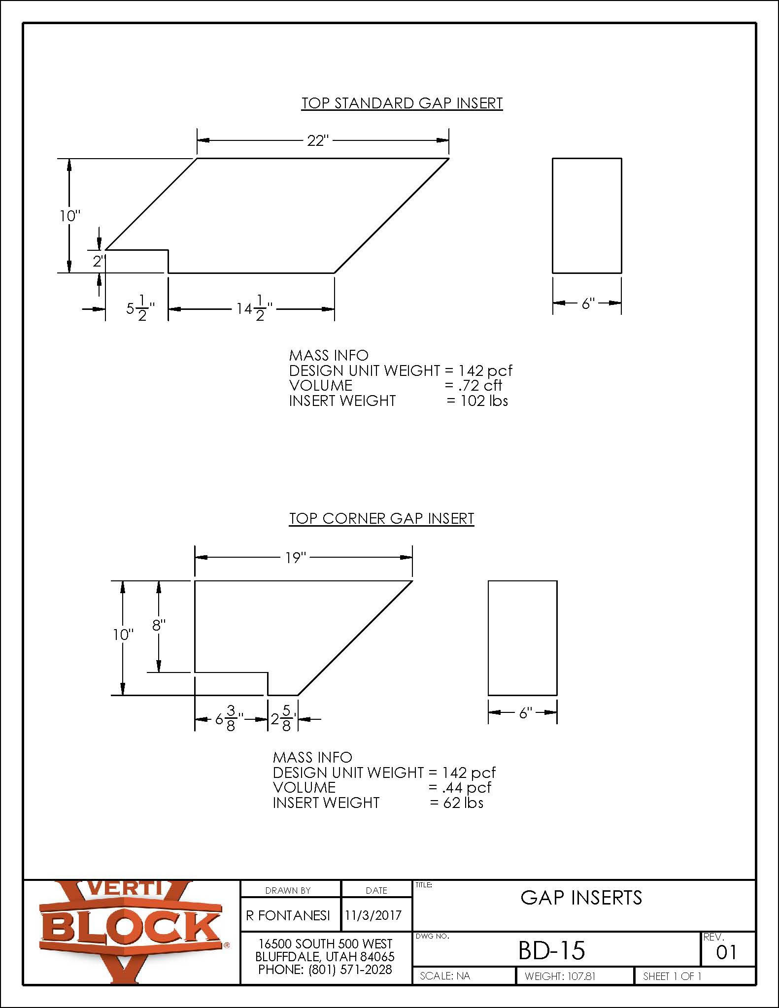 Technical drawing showing dimensions and mass info for two concrete gap inserts: Top Standard Gap Insert 22x10 inches, weight 102 lbs; Top Corner Gap Insert 19x10 inches, weight 62 lbs.