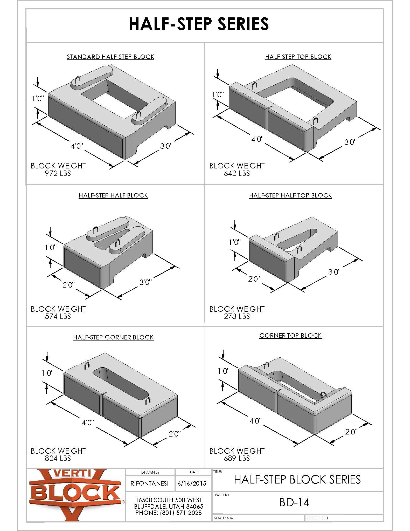 Technical drawing of six different half-step block designs with dimensions and weights, including standard, top, half, half top, corner, and corner top blocks, labeled with measurements in feet and inches and block weights in pounds.