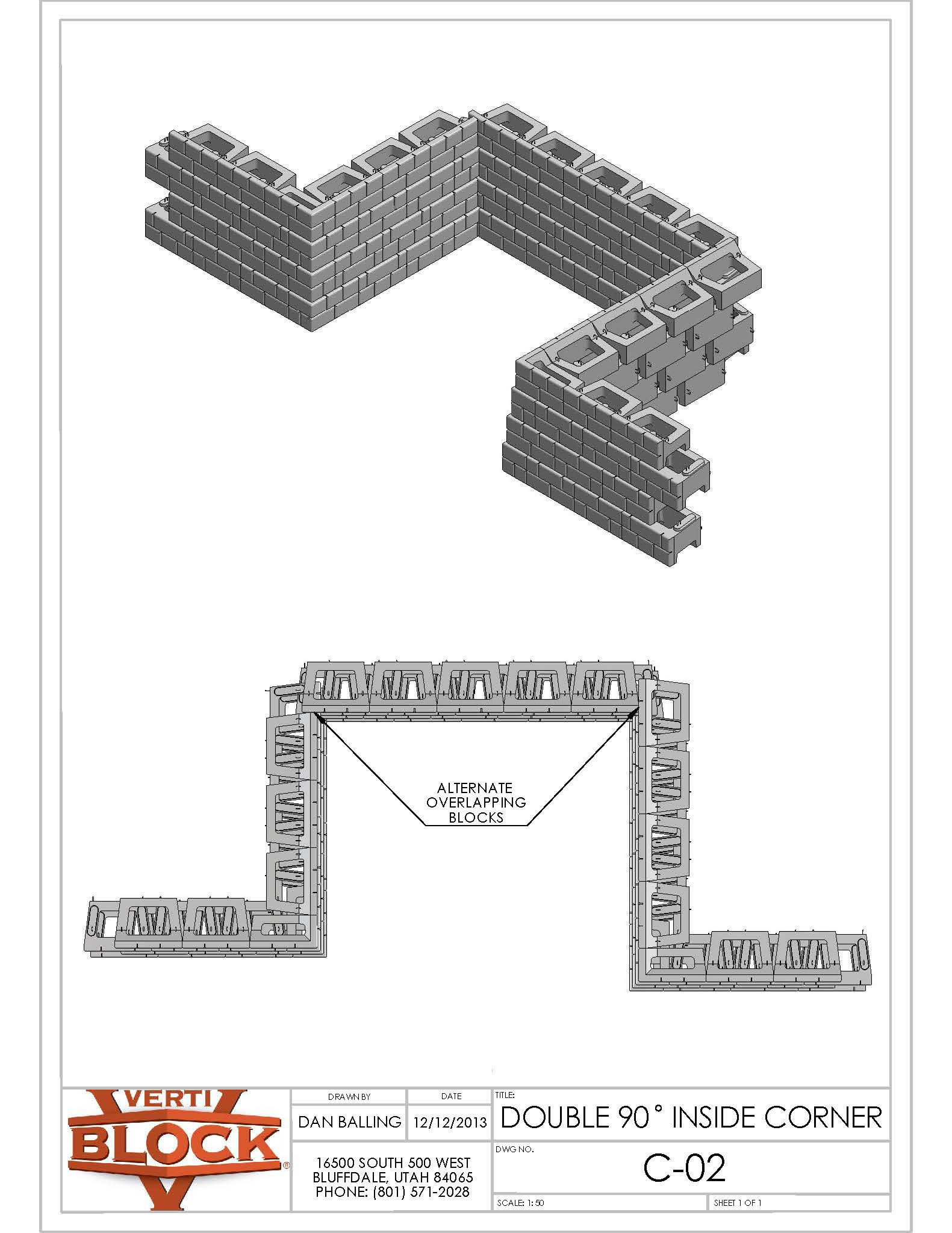 Technical drawing of a double 90-degree inside corner made with interlocking blocks, showing a 3D view and top view with label 'Alternate Overlapping Blocks.'
