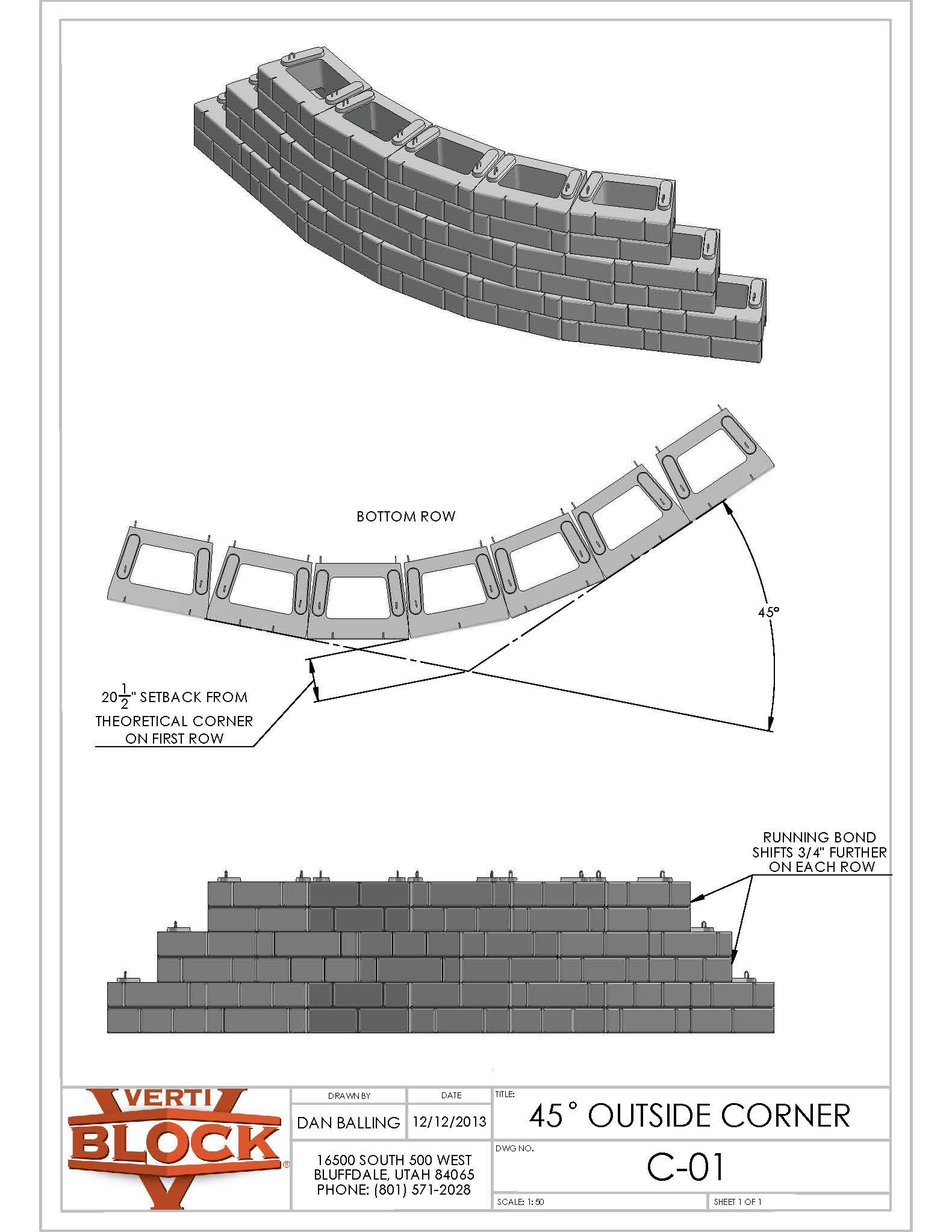 Technical drawing showing a 45-degree outside corner of a VertiBlock wall system with instructions on block arrangement and running bond shifts.