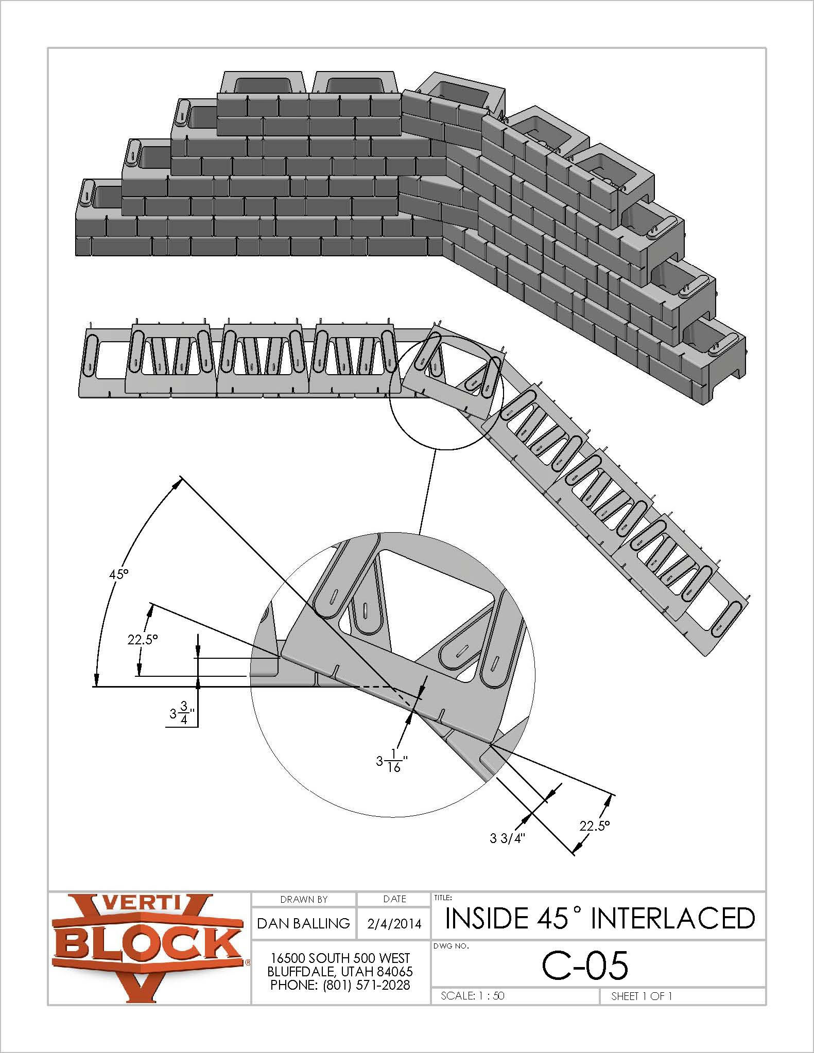Technical drawing of interlaced concrete blocks forming a 45-degree inside corner with detailed measurements and angles.