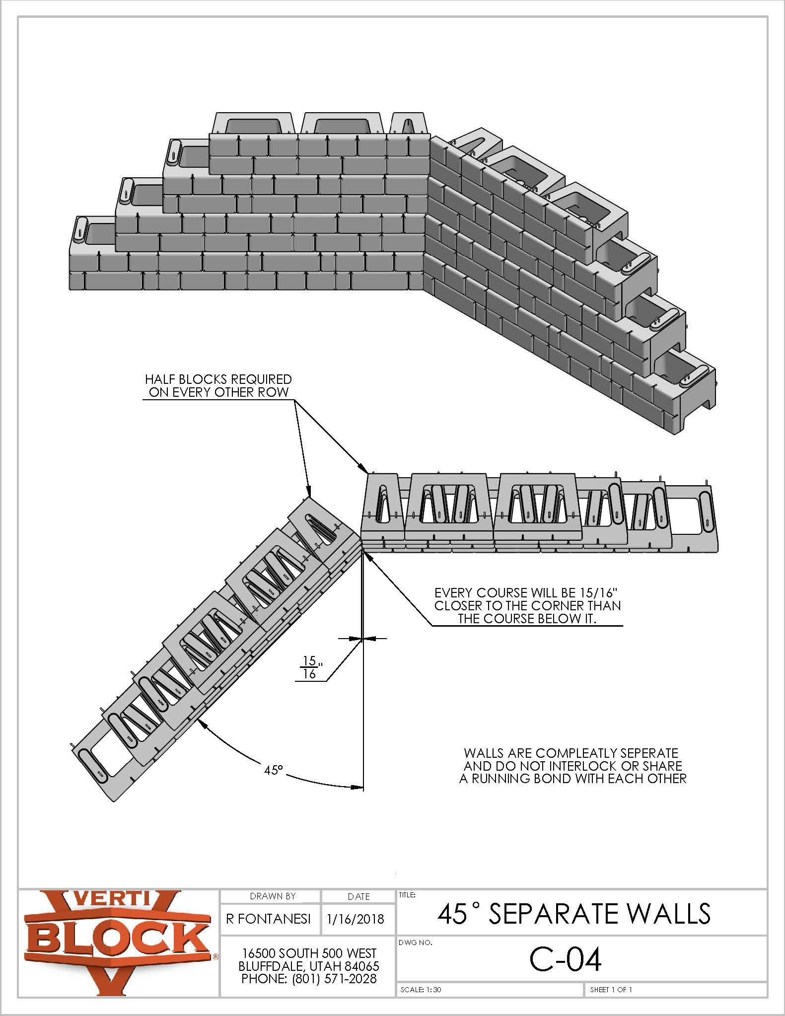 Technical drawing showing 45-degree separate block walls with half blocks required every other row and no interlocking of walls.