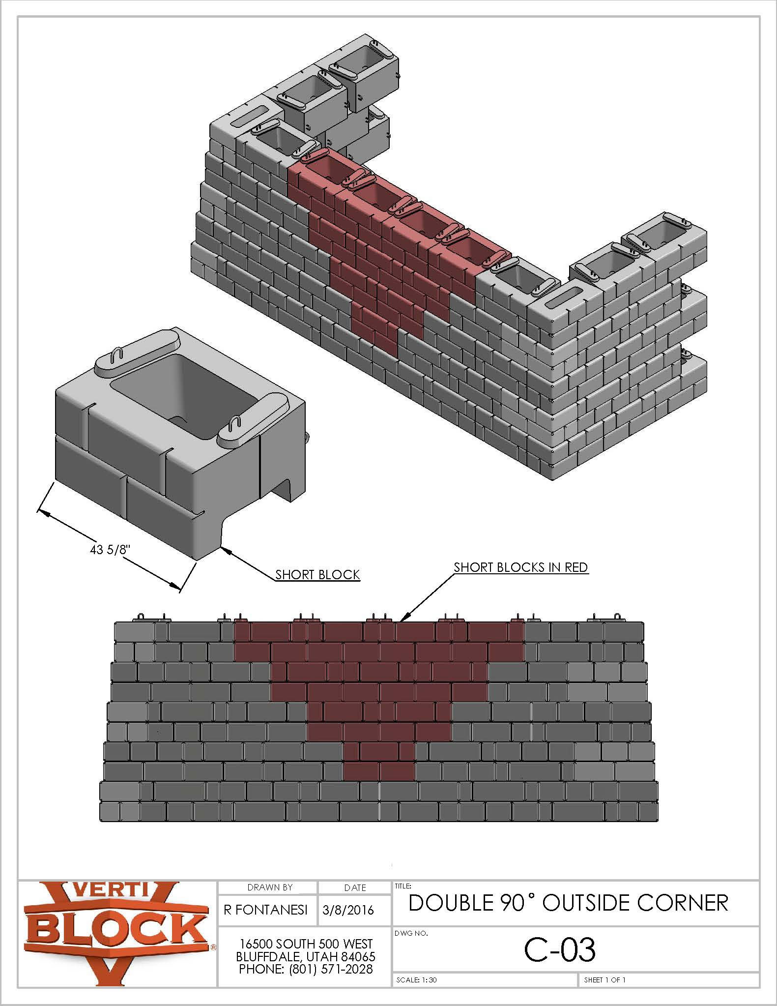 Technical drawing of a double 90-degree outside corner constructed with interlocking concrete blocks, highlighting short blocks in red.