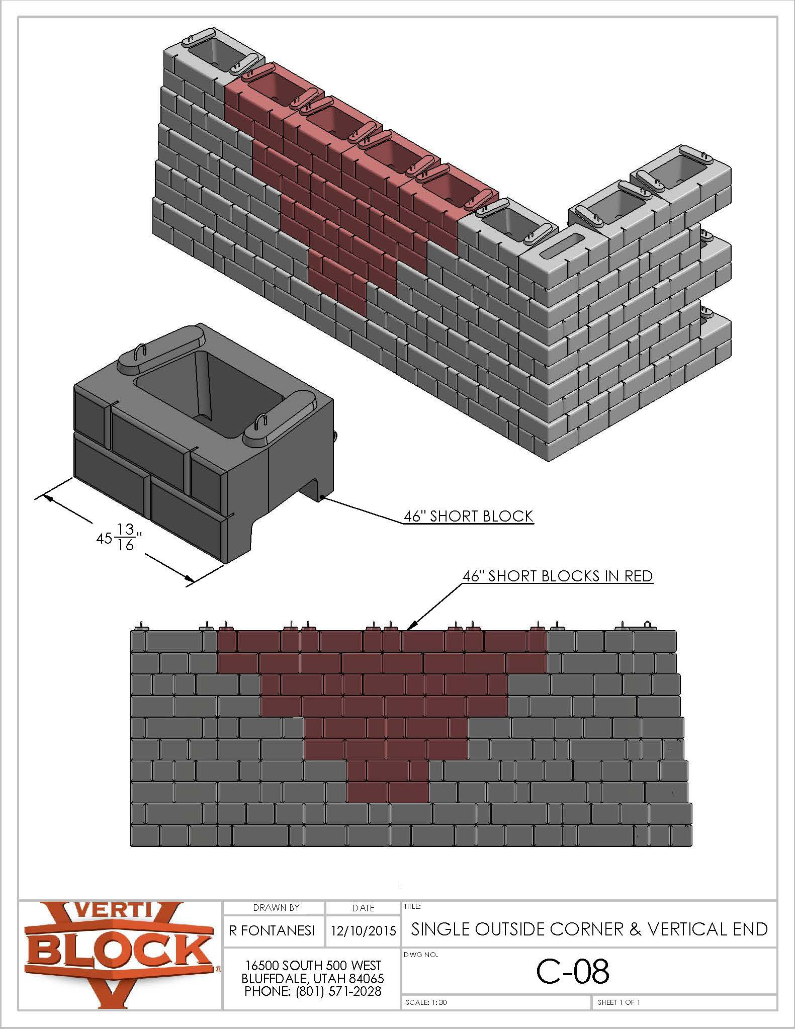 Technical drawing of a single outside corner and vertical end concrete block wall using 46-inch short blocks highlighted in red, with measurements and Verti-Block logo.