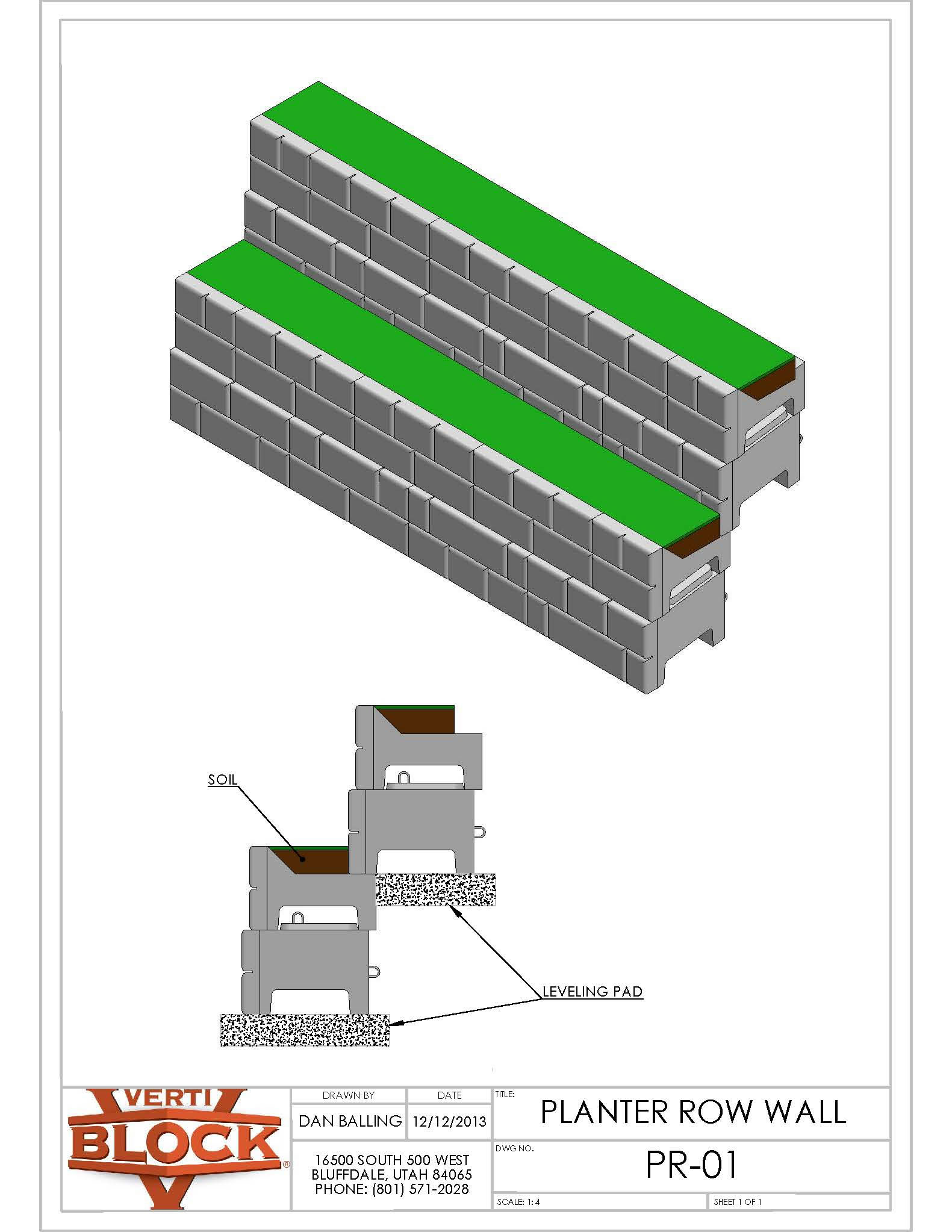 Technical drawing of a planter row wall made of gray blocks with green soil on top, showing a side view with soil and leveling pad labels.