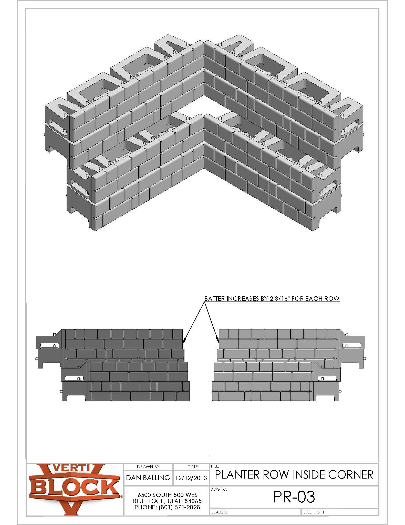 Technical drawing showing an inside corner of a planter row made of modular block pieces, with a note indicating batter increases by 2 3/16 inches per row.