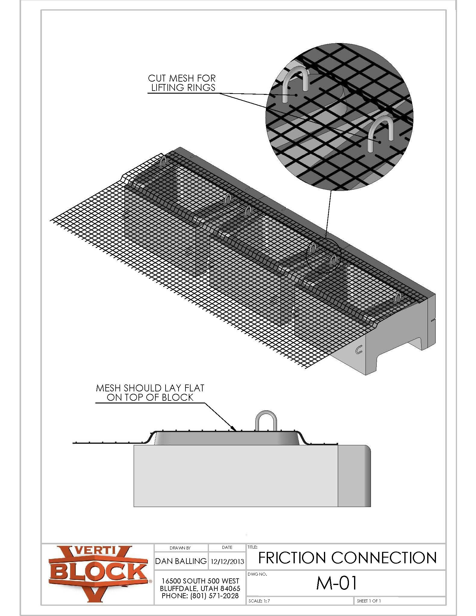 Technical drawing showing mesh laid flat on a block with cutouts for lifting rings, labeled as Friction Connection by VertiBlock.