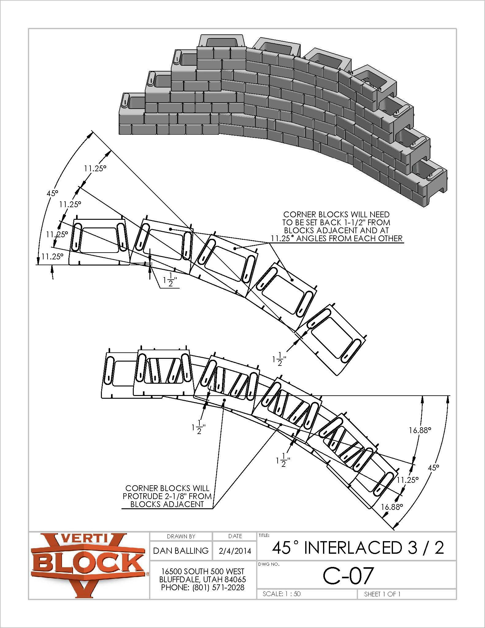 Technical drawing showing interlaced 45-degree corner VertiBlock layout with angles and setback measurements for block placement.