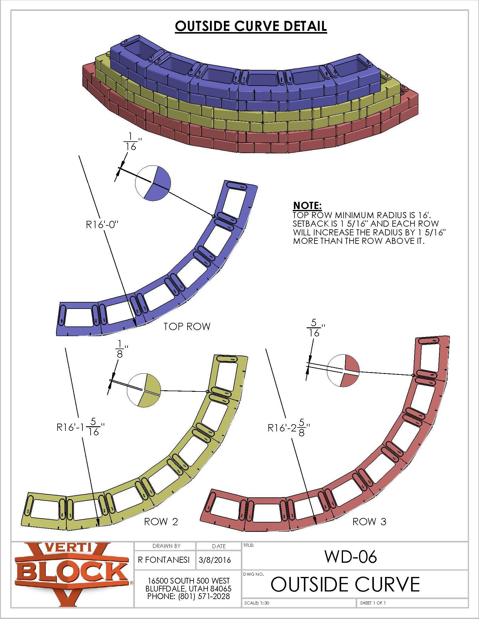 Technical drawing of a three-row outside curve wall with color-coded blocks and dimension details, labeled WD-06.