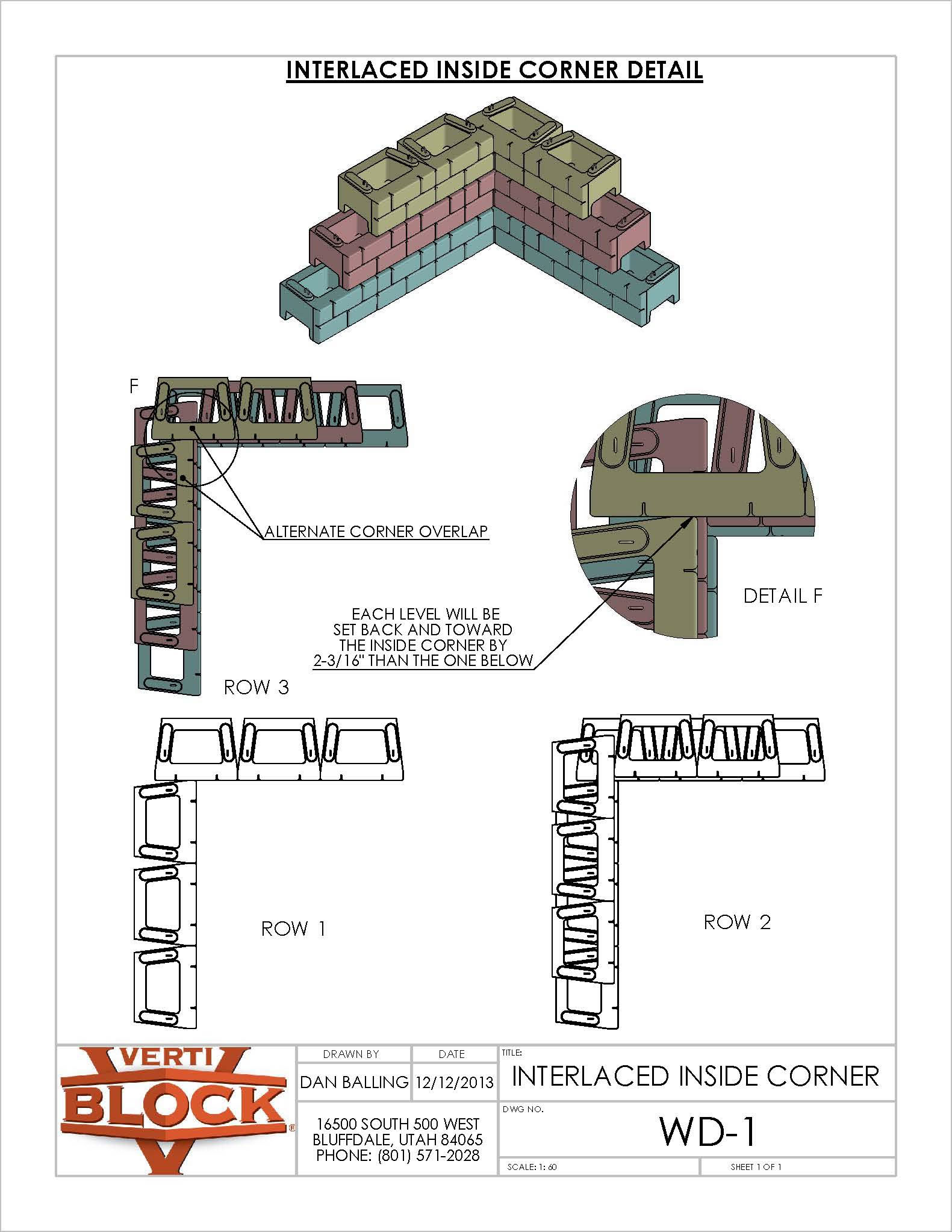 Technical drawing showing interlaced inside corner detail with colored 3D block illustration, three row diagrams, and close-up detail.