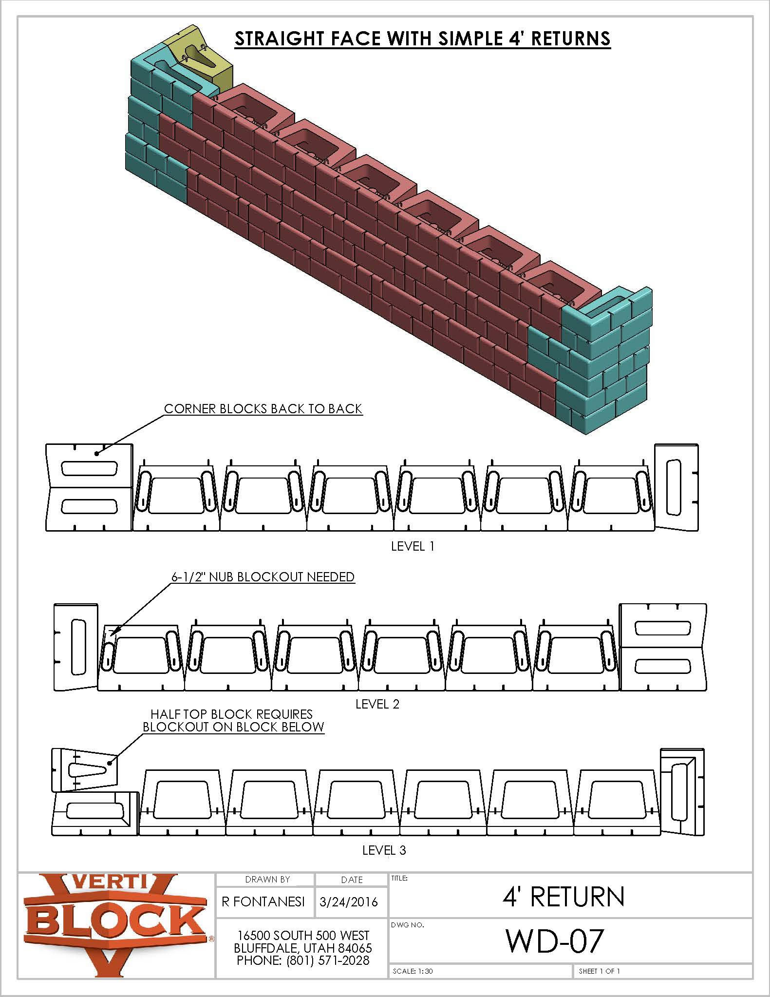 Technical drawing showing a straight face wall with simple 4-foot returns made of colored blocks, including detailed block layout for three levels and assembly notes.