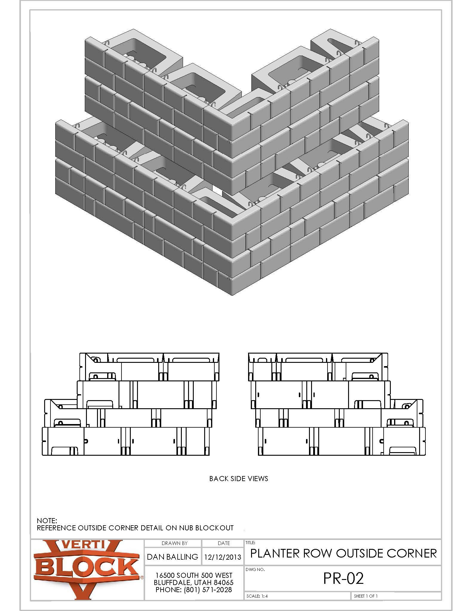 Technical drawing showing isometric and back side views of a planter row outside corner block assembly.