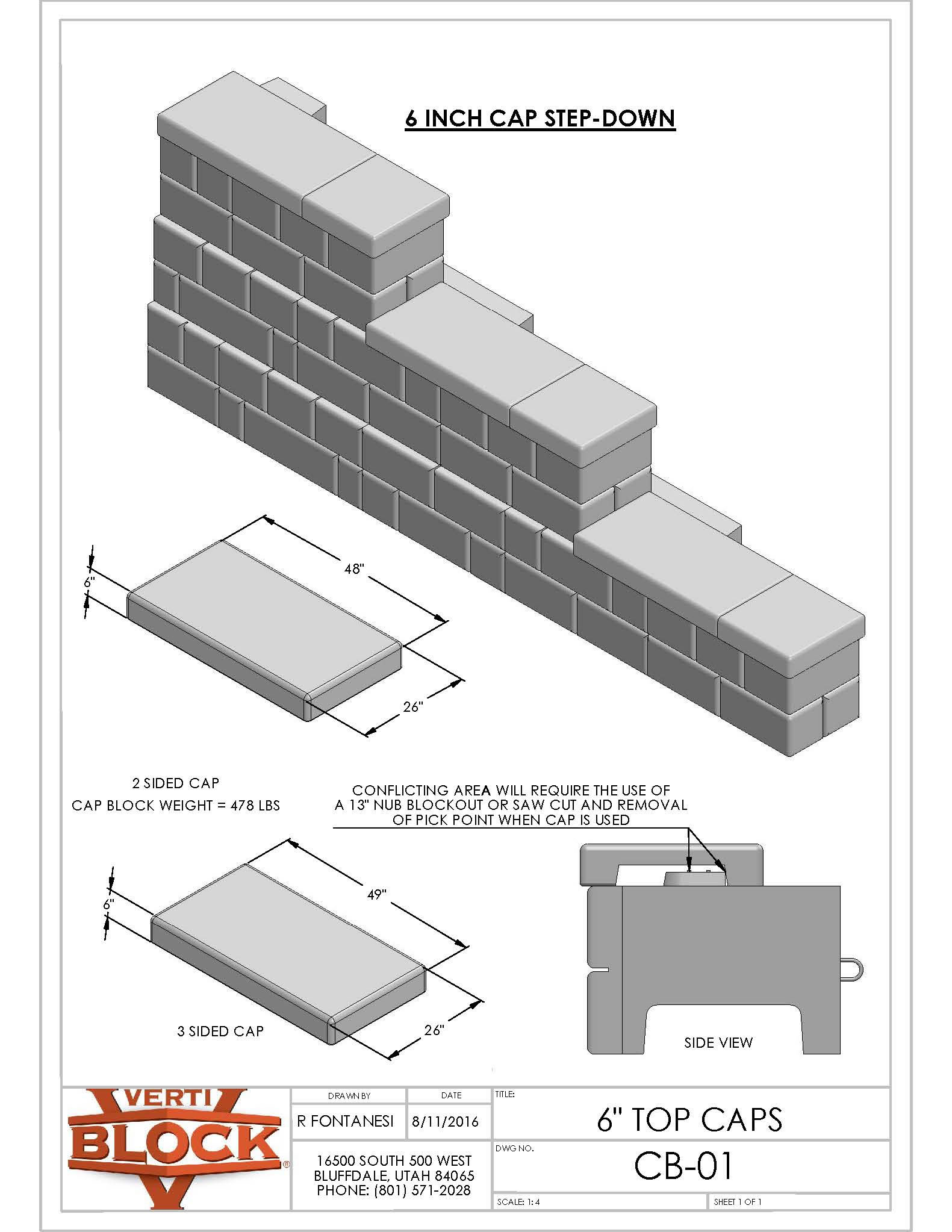 Technical drawing of a 6 inch cap step-down on a block wall, showing 2-sided and 3-sided cap dimensions and a side view with construction notes.