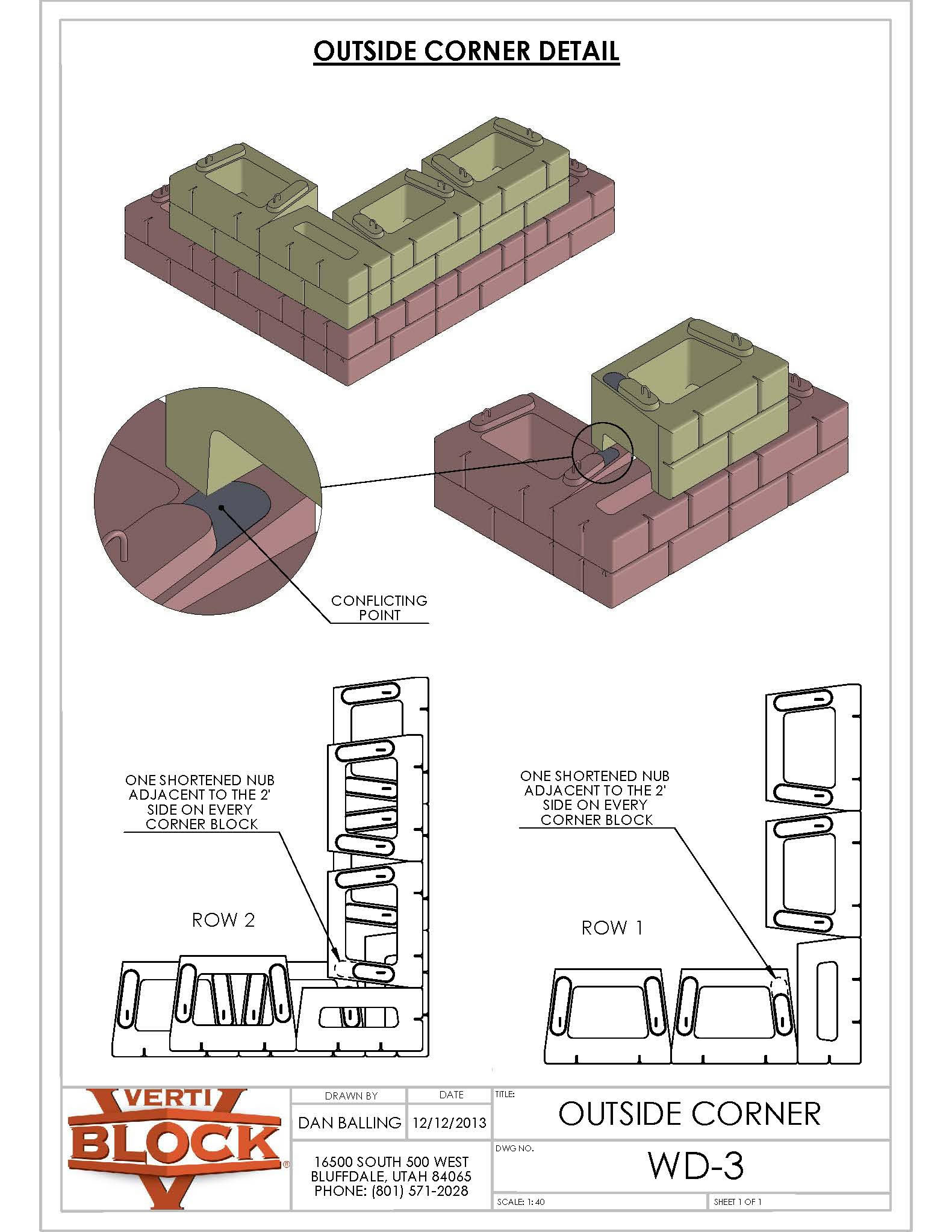 Technical drawing showing an outside corner block detail with 3D views of block placement, a zoomed-in conflicting point, and layout instructions for rows 1 and 2 with shortened nubs adjacent to the 2 foot side.