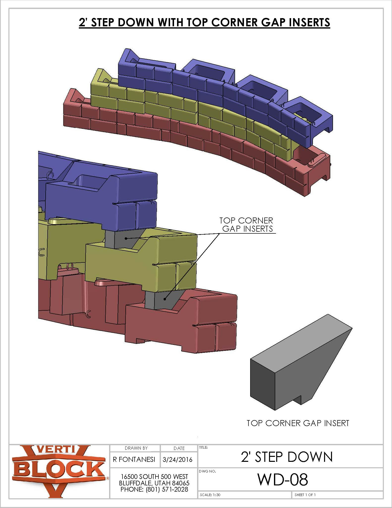 Technical drawing showing a 2-foot step down with colored blocks and labeled top corner gap inserts for construction.