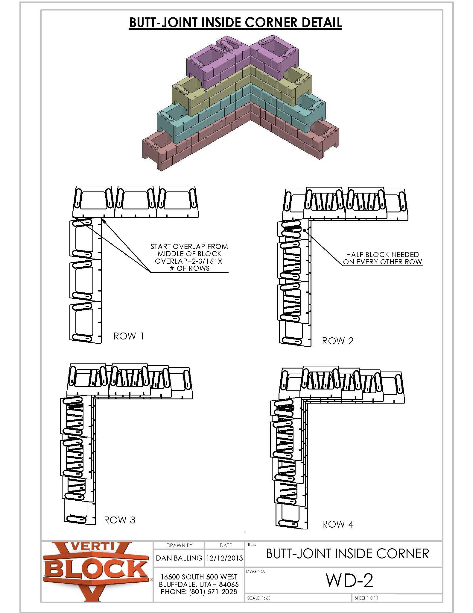 Technical drawing showing butt-joint inside corner block assembly in four rows with overlap and half block instructions, featuring a colored 3D corner block model at the top.