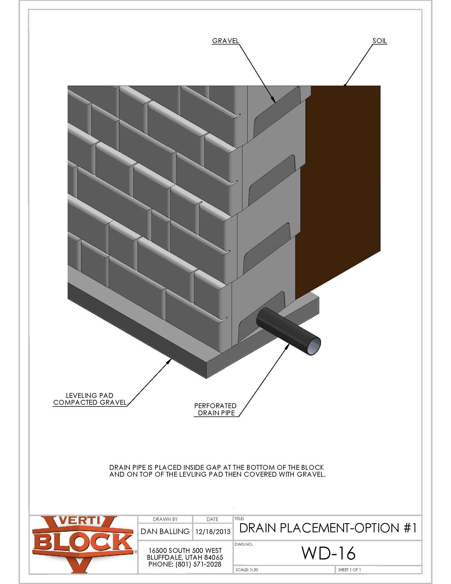 Diagram showing drain placement option with a perforated drain pipe inside the gap at the bottom of a block wall, on a leveling pad of compacted gravel, covered by gravel and soil.