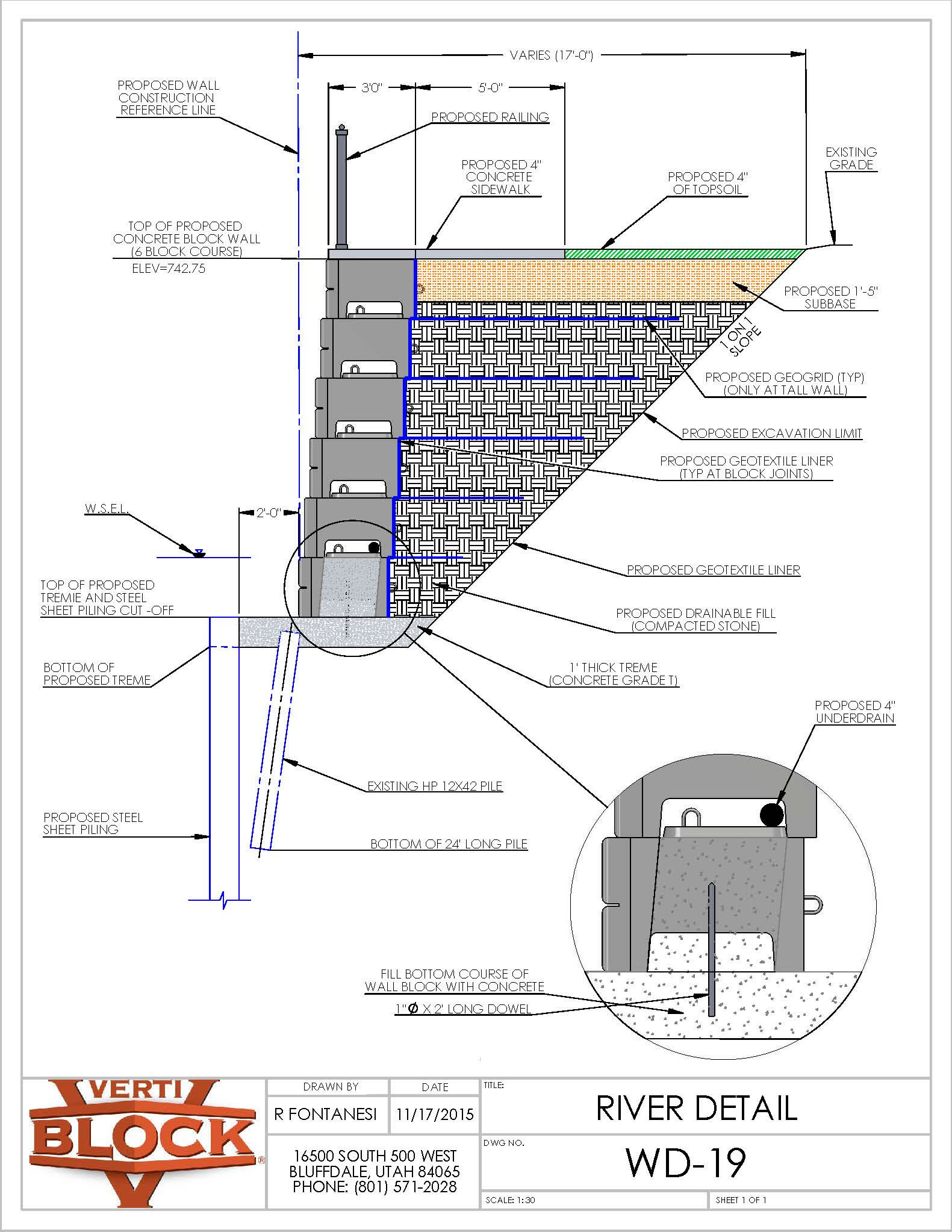 Technical drawing of a proposed river retaining wall detailing concrete blocks, geotextile liners, subbase, drainage, and steel sheet piling with construction measurements.