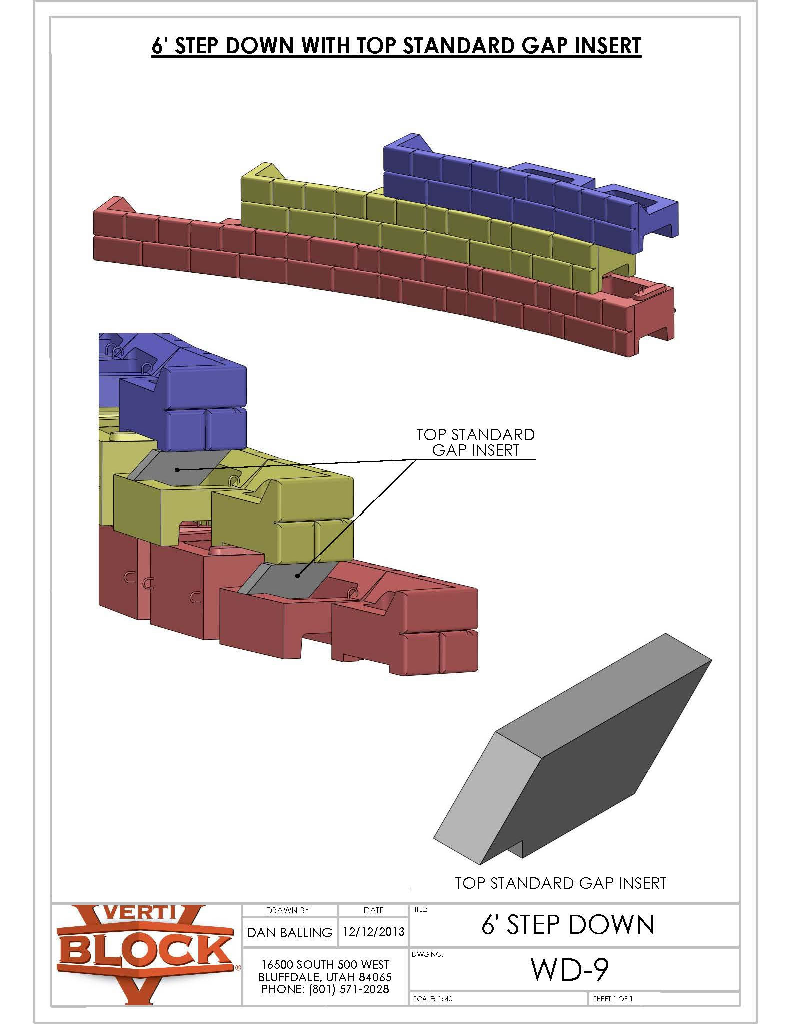 Diagram showing a 6-foot step down construction with colored interlocking blocks and a labeled top standard gap insert component.
