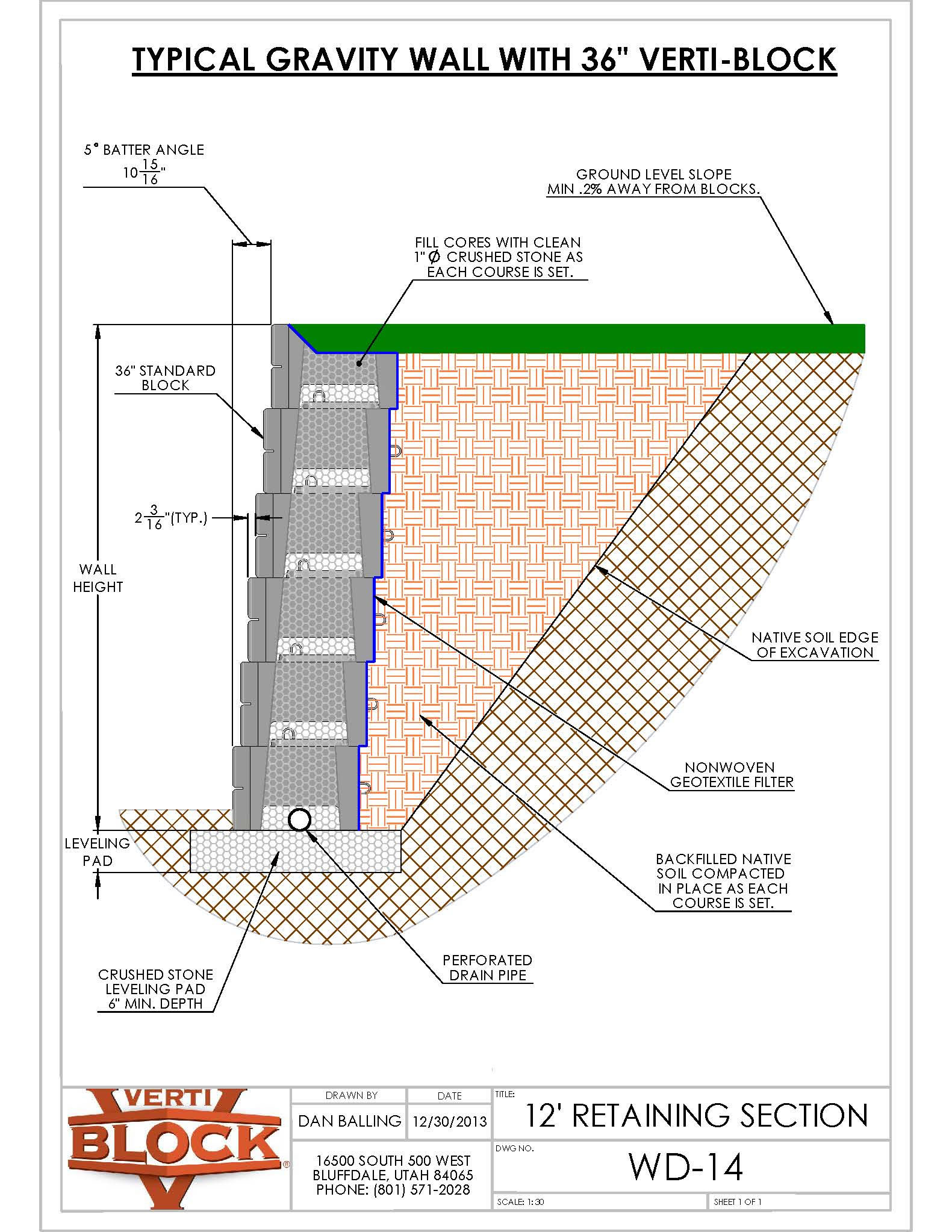 Technical diagram of a typical 12-foot gravity retaining wall with 36-inch Verti-Block showing block layers, crushed stone fill, perforated drain pipe, and soil layers.