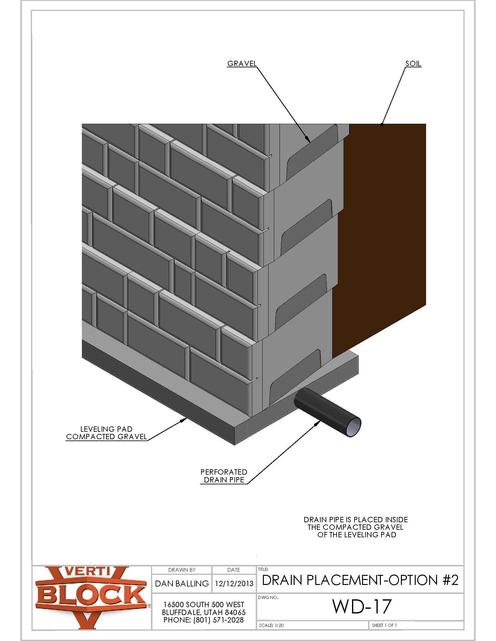 Diagram showing drain placement option with perforated drain pipe inside compacted gravel leveling pad next to a block wall and soil.