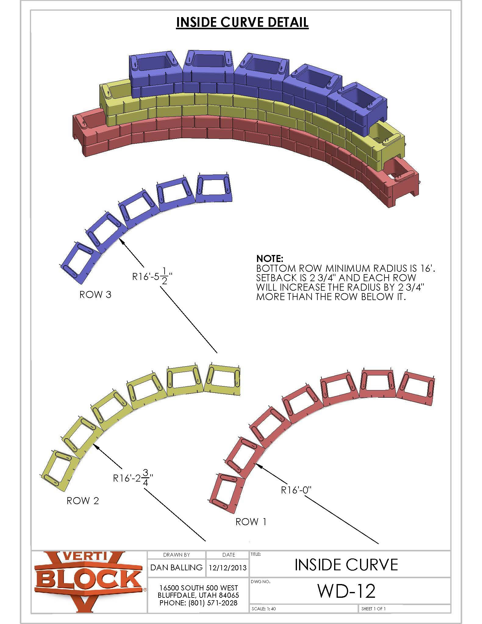 Technical drawing showing color-coded inside curve detail with three rows of interlocking blocks in red, yellow, and blue, labeled with radii and a note on radius increments.