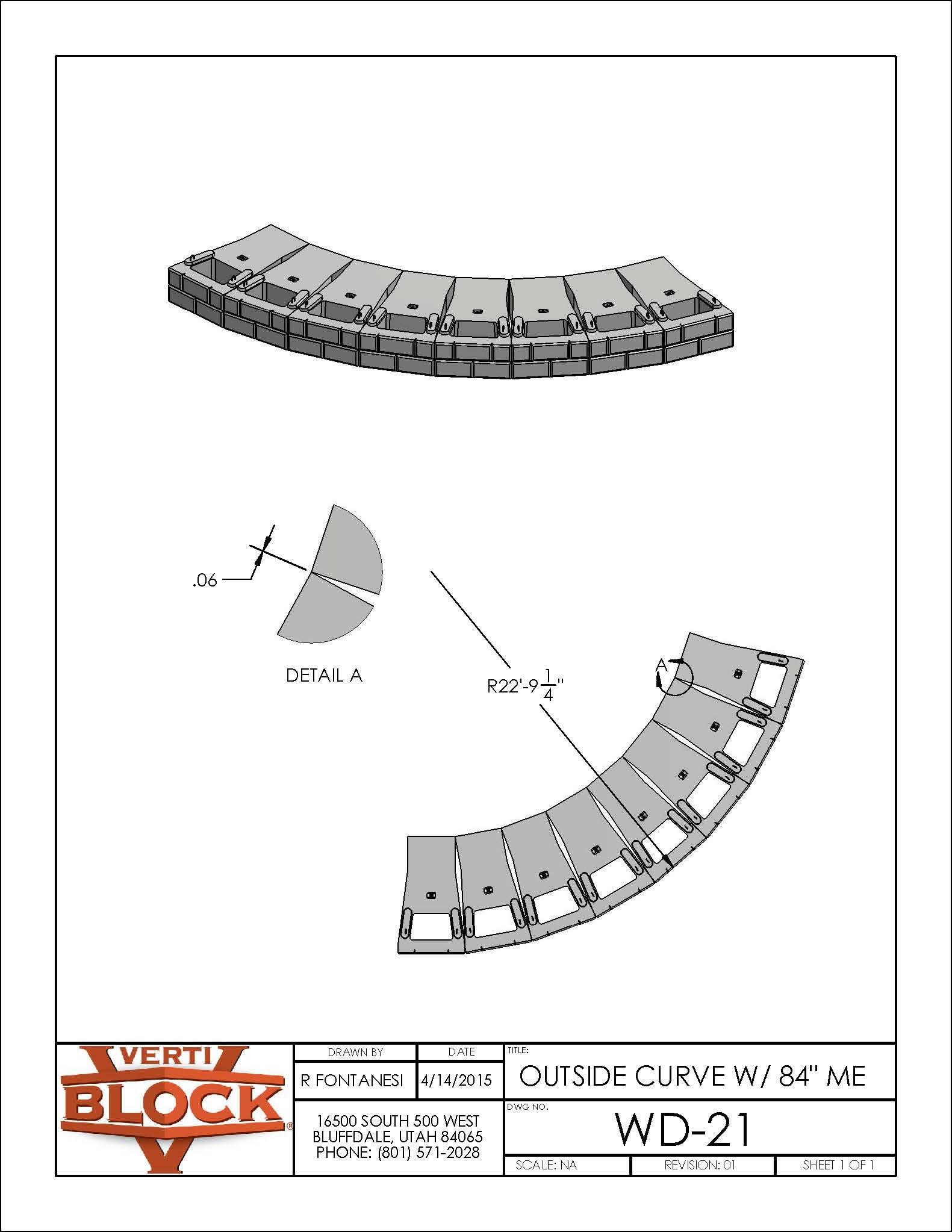 Engineering drawing showing an outside curve layout composed of multiple interlocking segments labeled WD-21 with radius measurement and a detailed joint close-up.