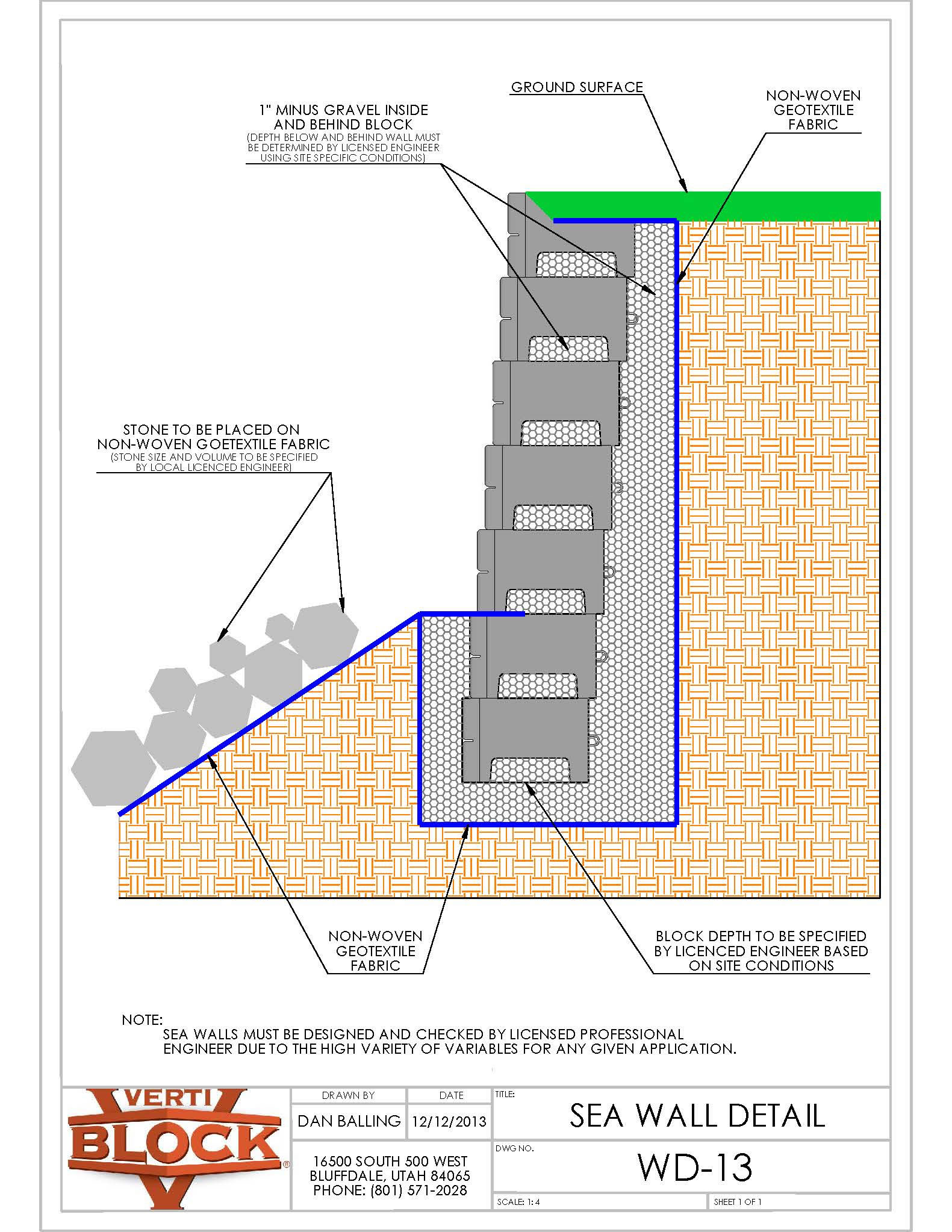 Technical cross-section drawing of a sea wall detail showing concrete blocks with 1-inch minus gravel behind, non-woven geotextile fabric layers, and stone placement, annotated with construction notes and contact information.