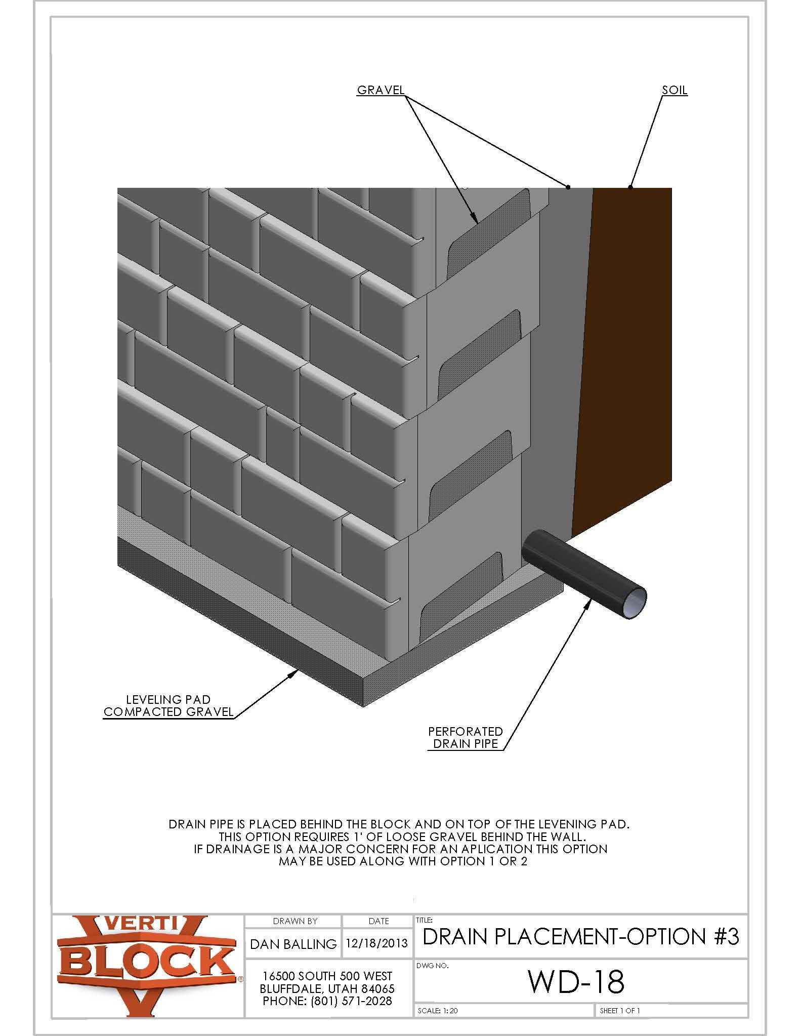 Diagram of block wall corner with labeled gravel backfill, soil, perforated drain pipe behind blocks, and compacted gravel leveling pad beneath.
