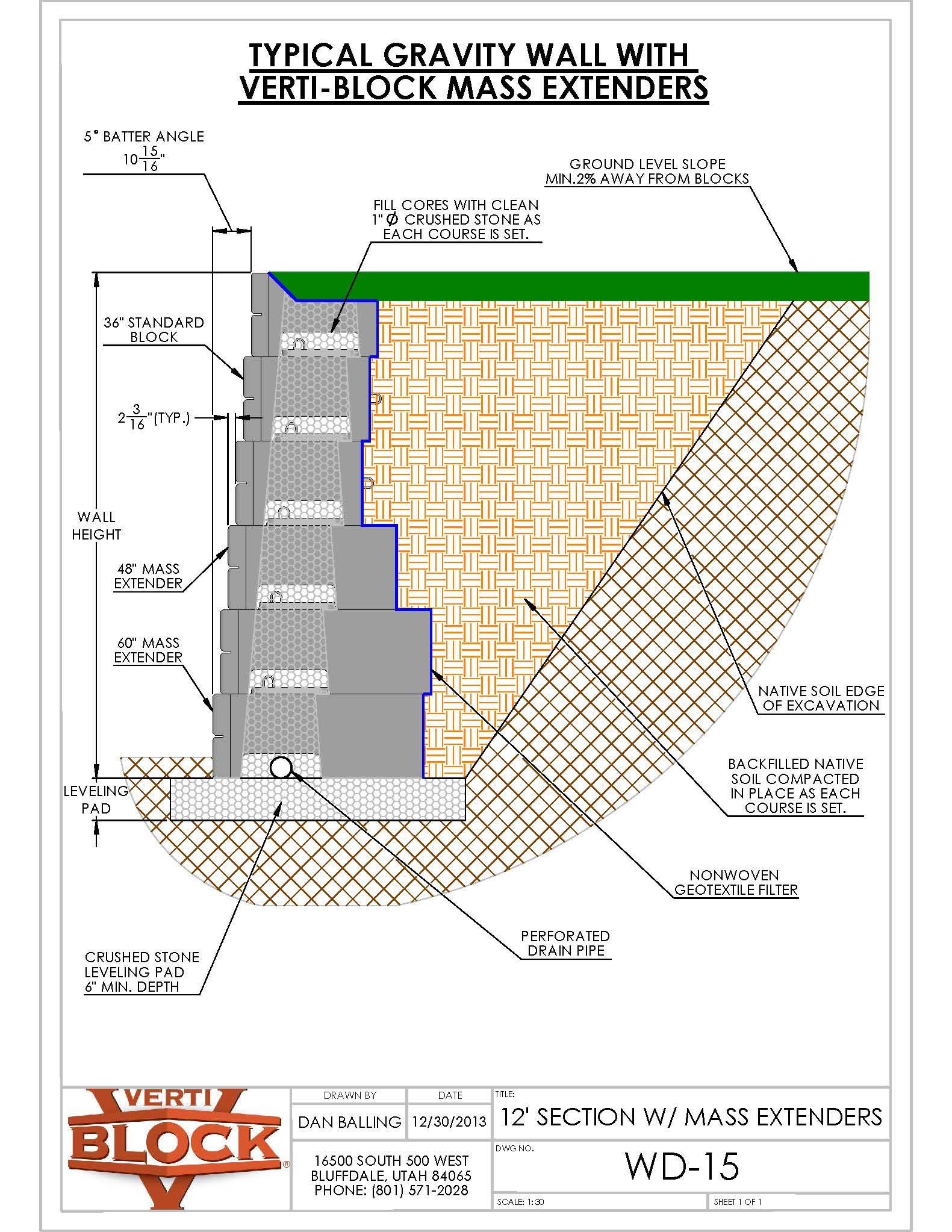Technical diagram of a typical 12-foot gravity wall with Verti-Block mass extenders showing block dimensions, crushed stone fill, drain pipe, geotextile filter, and soil compaction details.
