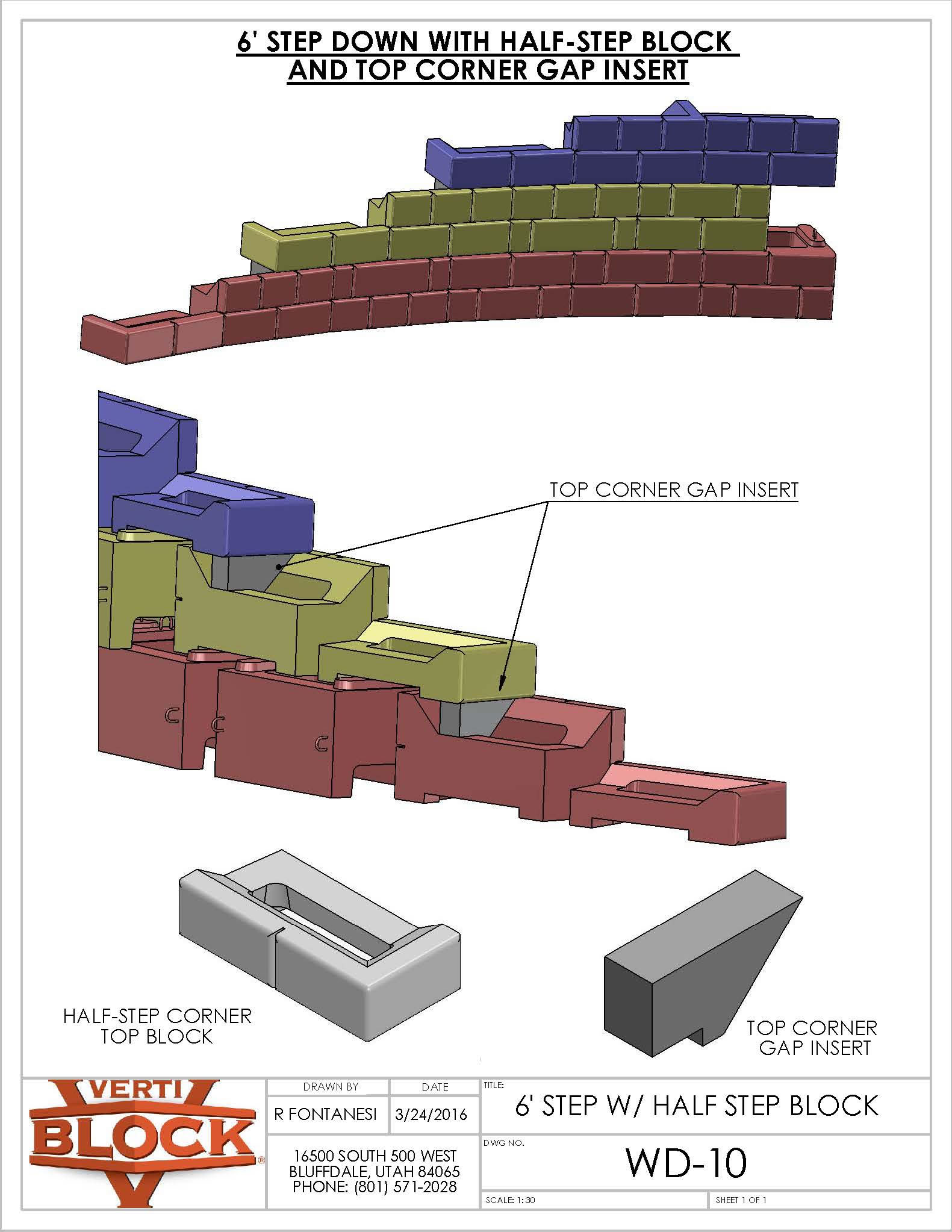Technical illustration showing assembly of a 6-foot step down with half-step block and top corner gap insert in multicolored blocks.