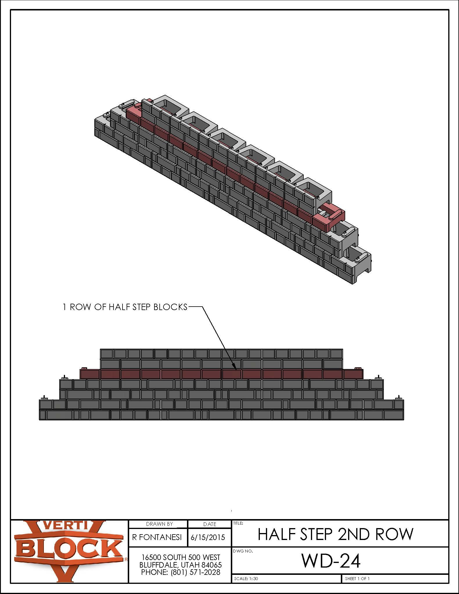 Technical drawing showing a wall section with one row of half step blocks highlighted in red in the second row.