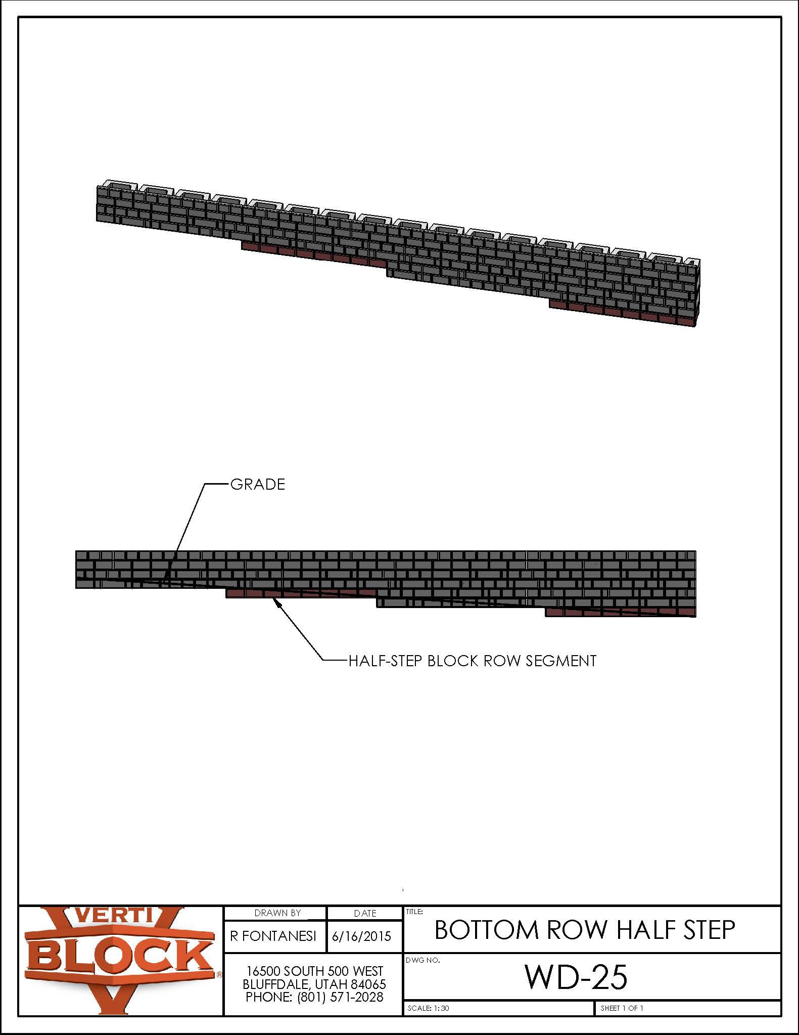 Technical drawing of a bottom row half-step block wall section showing grade level and a half-step block row segment.