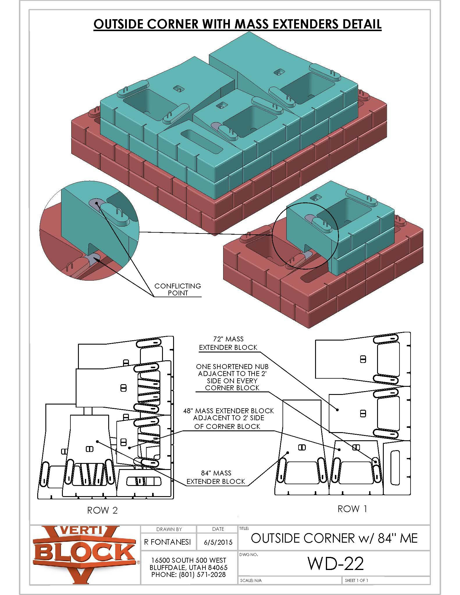 Technical drawing illustrating an outside corner block assembly with 84-inch mass extenders, including labeled 72-inch, 48-inch, and 84-inch mass extender blocks and a zoomed view of a conflicting point.