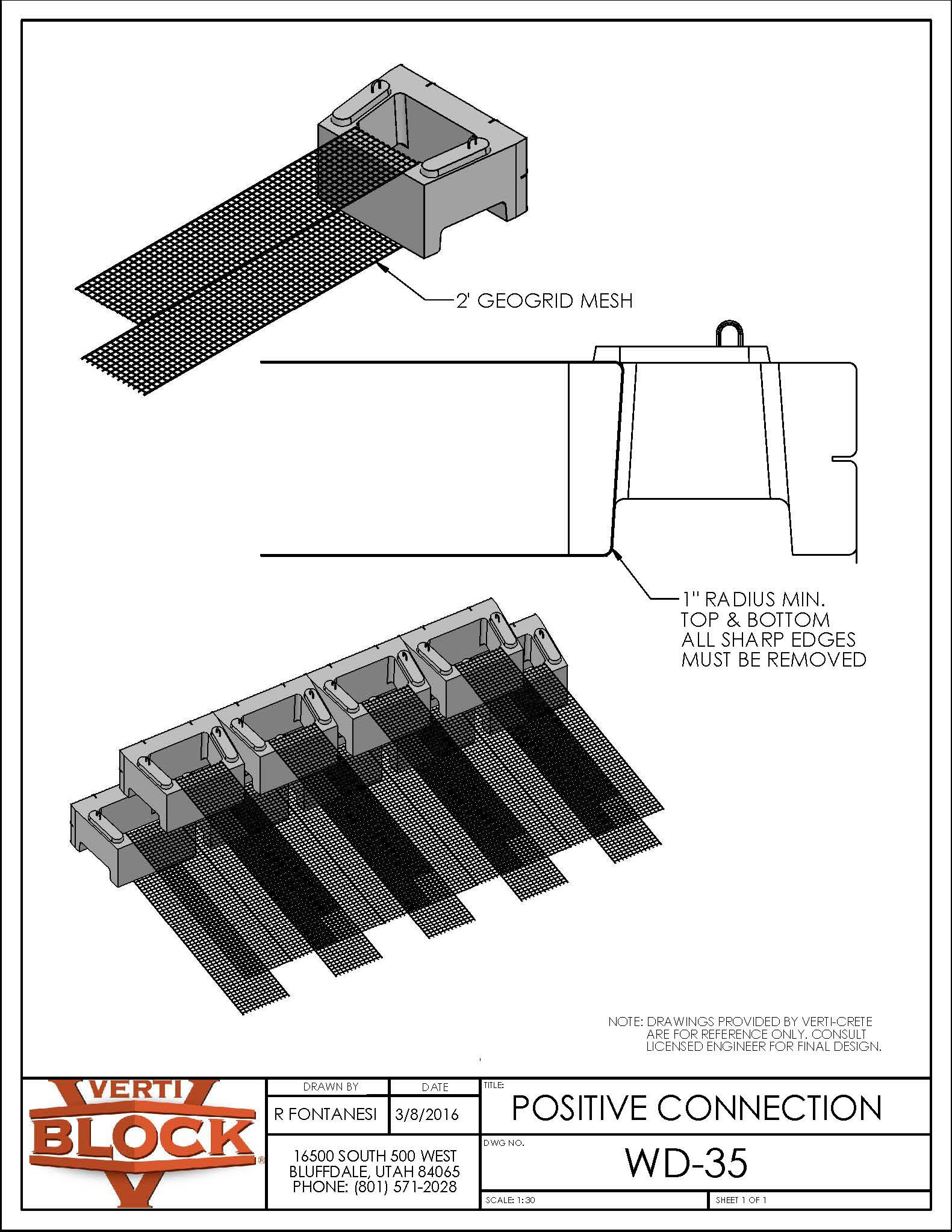 Technical drawing of a Verti-Block Positive Connection WD-35 showing 2-inch geogrid mesh inserted through blocks with instructions for sharp edge removal.