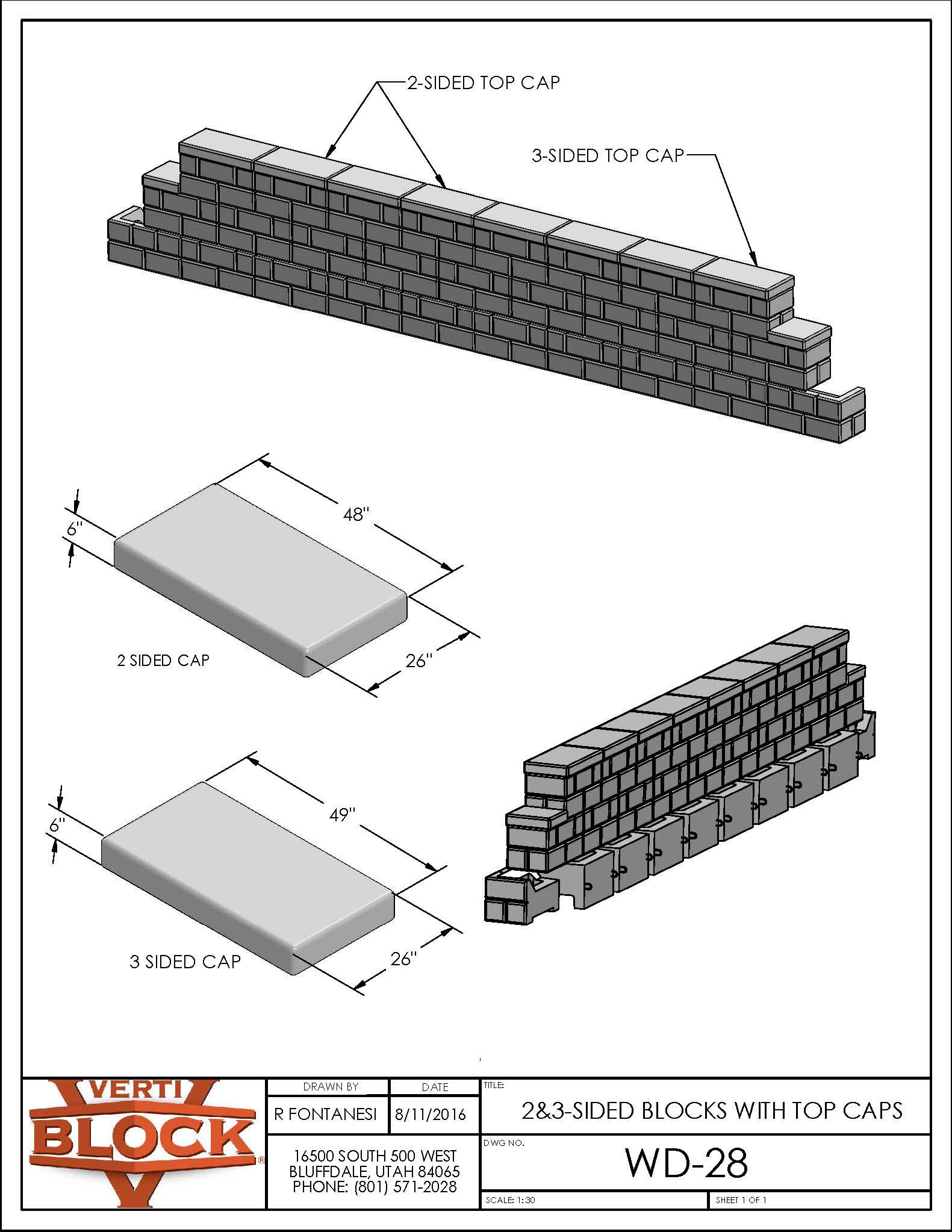 Technical diagram showing 2-sided and 3-sided concrete top caps with dimensions and wall block assembly for Verti-Block.