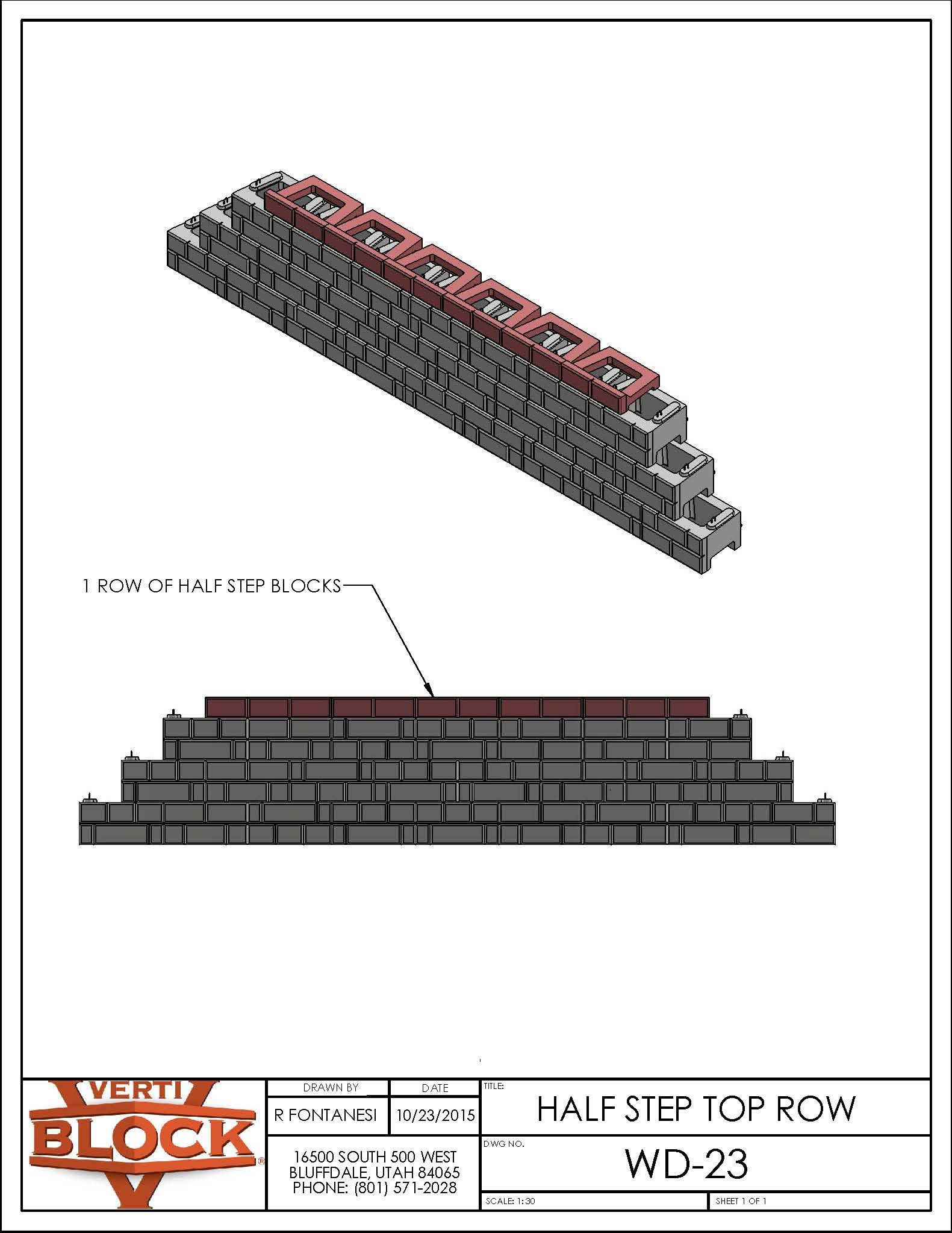Technical drawing showing a half-step top row with one row of half-step blocks highlighted in red on a grey block structure.