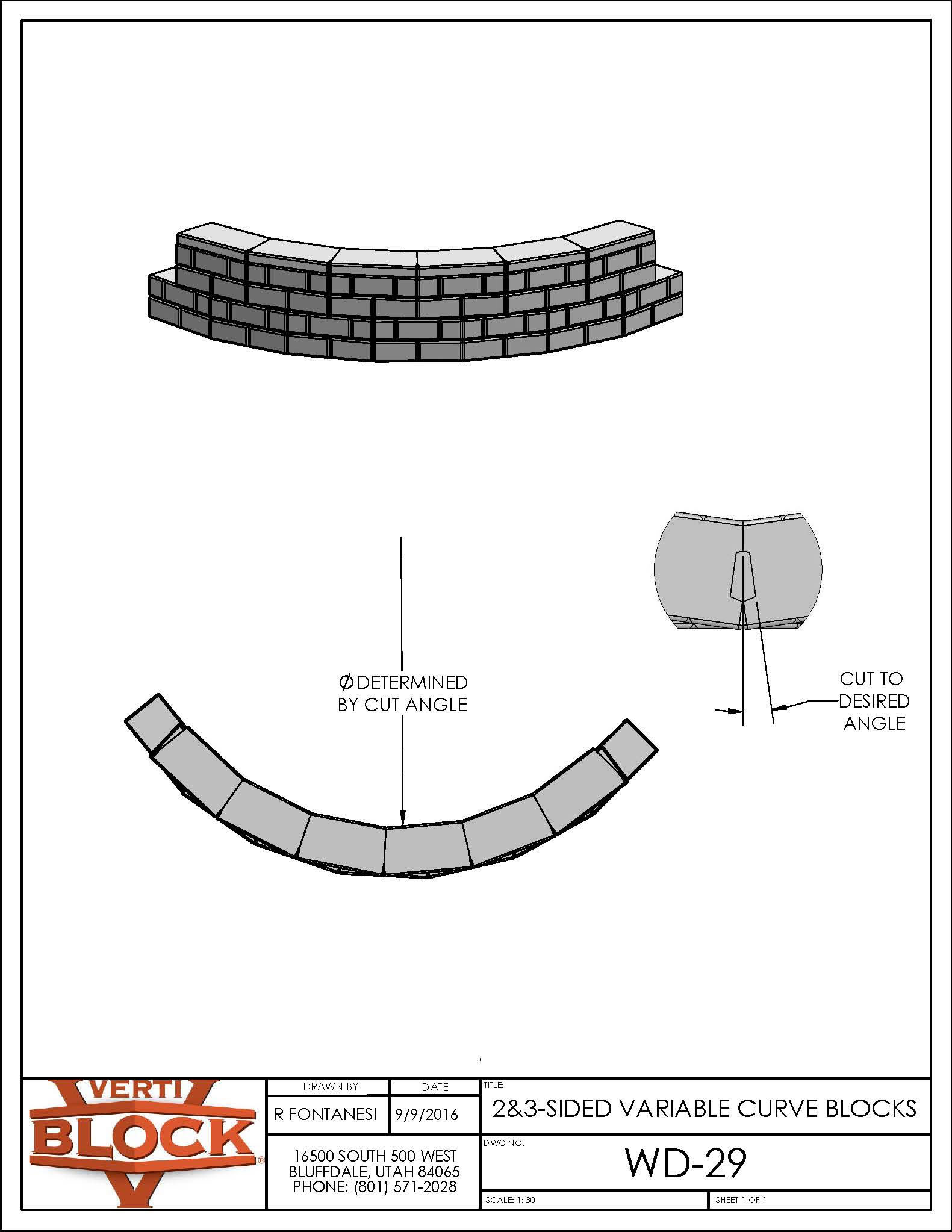 Technical drawing showing 2- and 3-sided variable curve block configurations with cut angle instructions.