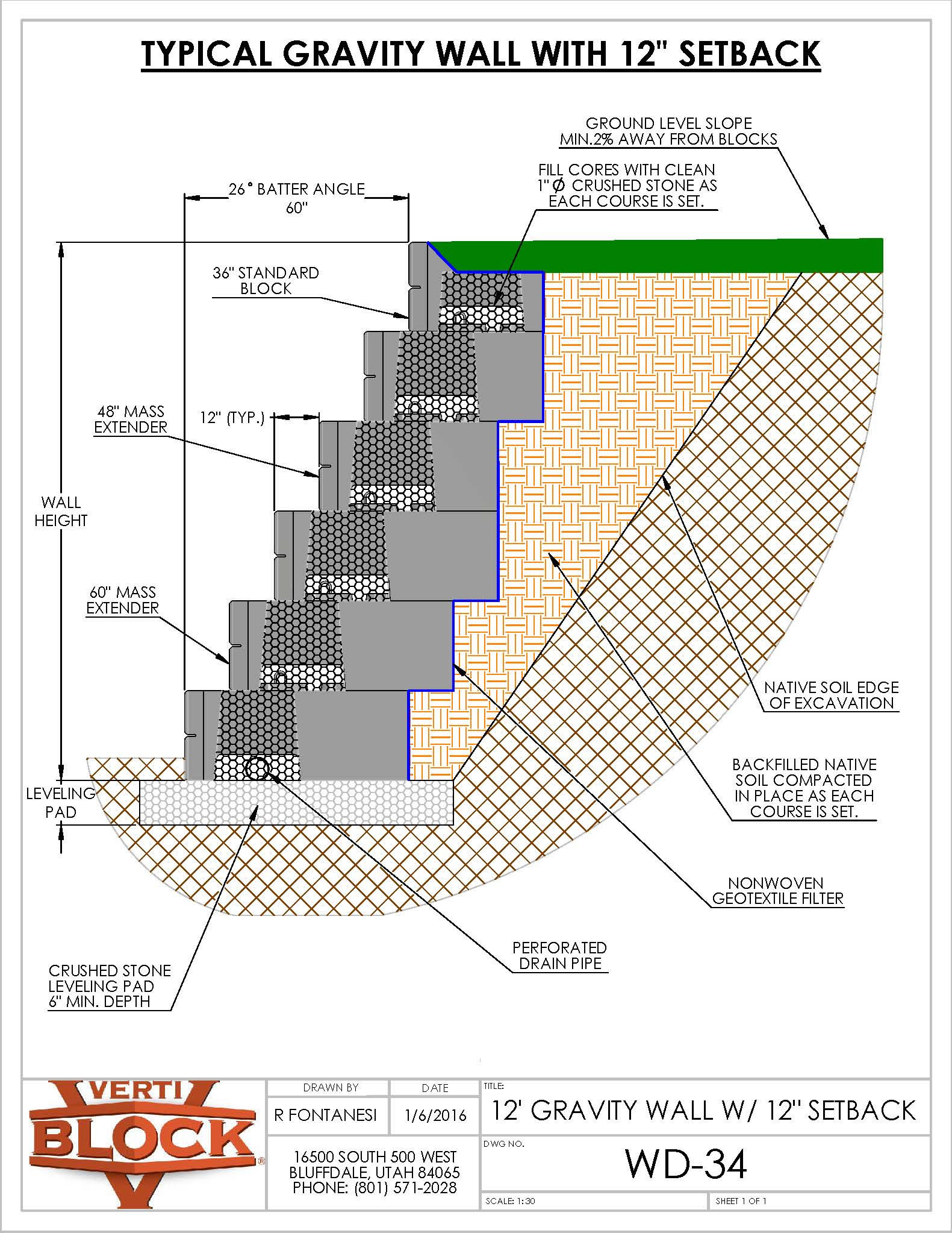 Technical drawing of a typical 12-foot gravity retaining wall with 12-inch setback showing block layers, soil layers, drainage pipe, and construction details.