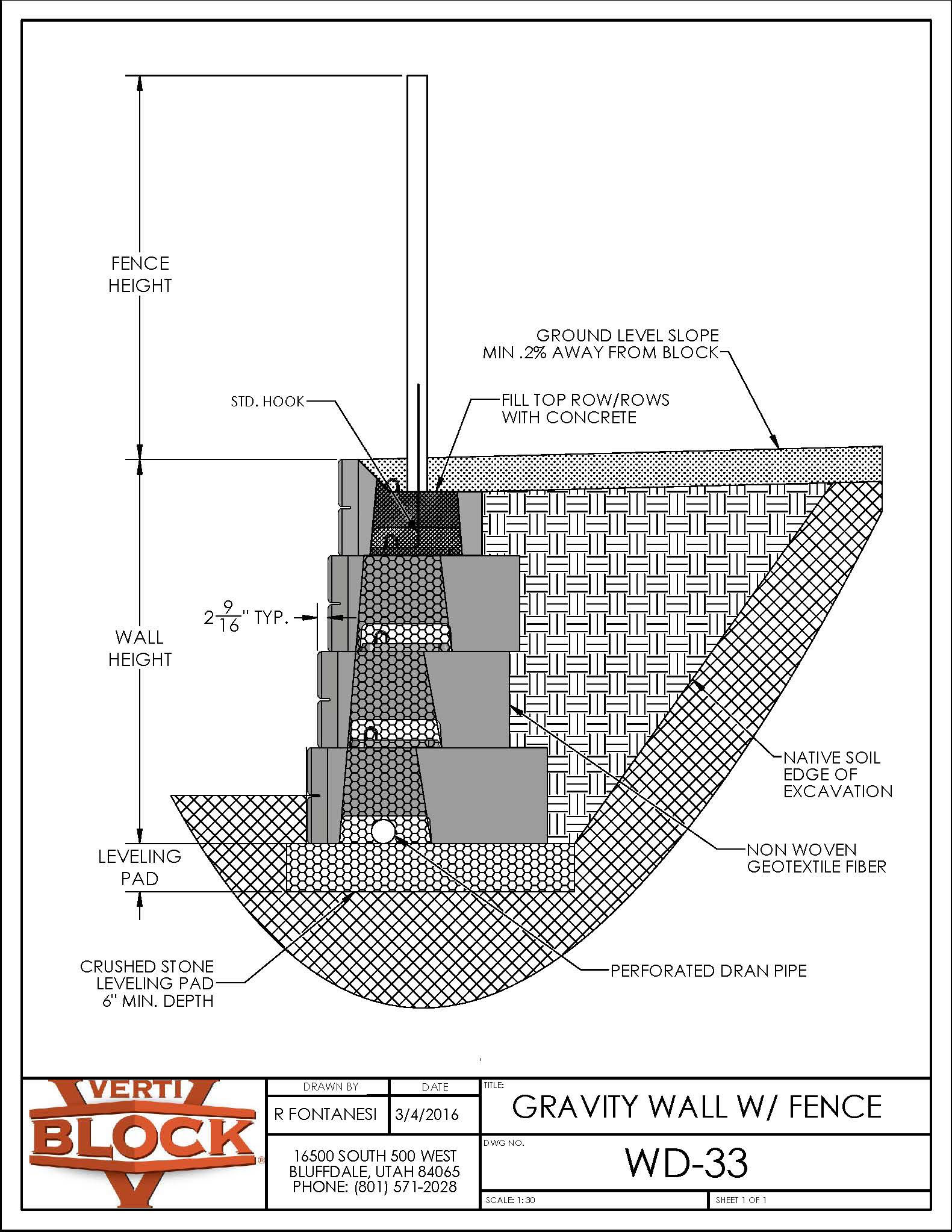Technical drawing of a gravity wall with fence showing labeled components like fence height, wall height, leveling pad, crushed stone leveling pad, perforated drain pipe, non-woven geotextile fiber, and slope details.