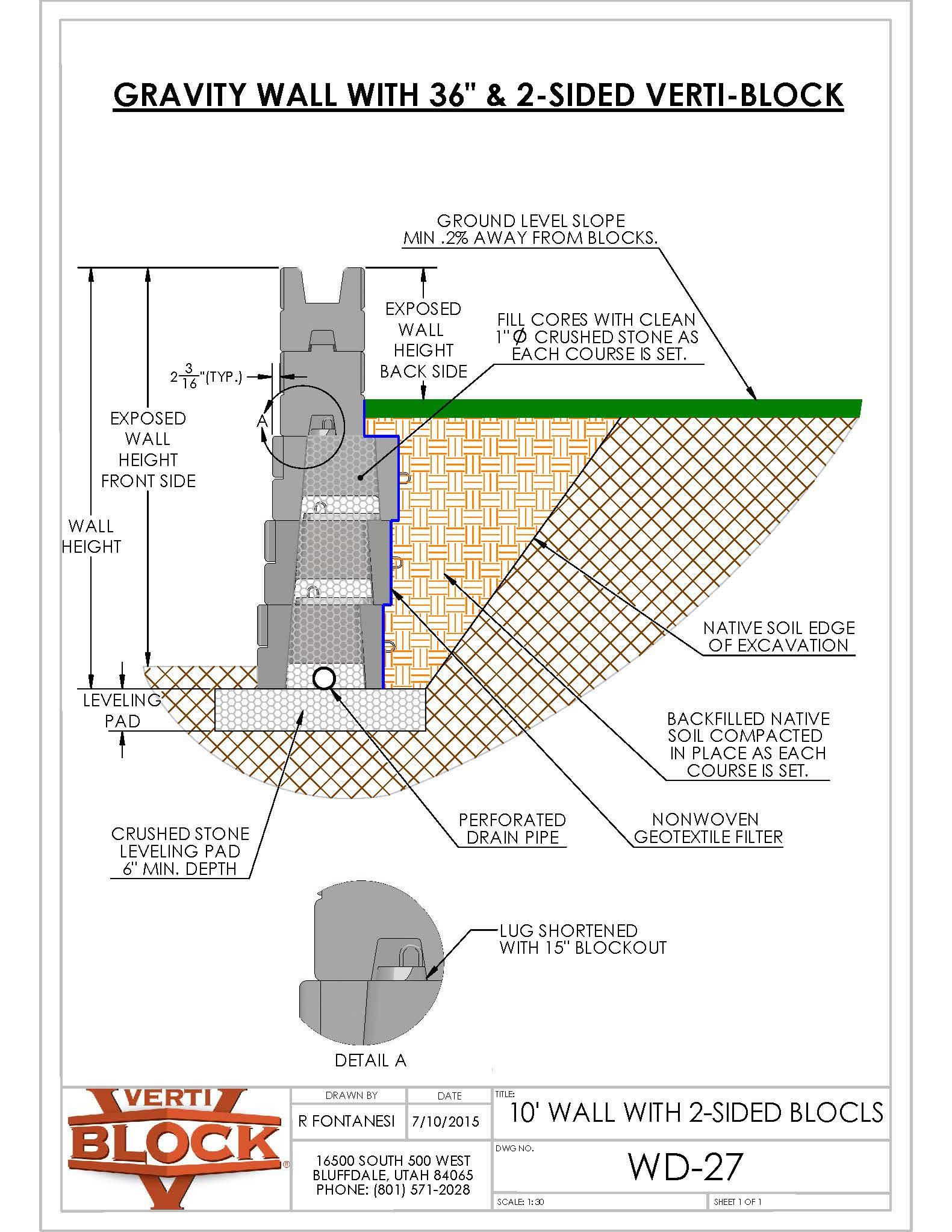 Technical drawing of a 10-foot gravity retaining wall with 36-inch and 2-sided Verti-Block showing block cross-section, leveling pad, perforated drain pipe, backfilled native soil, and construction details.