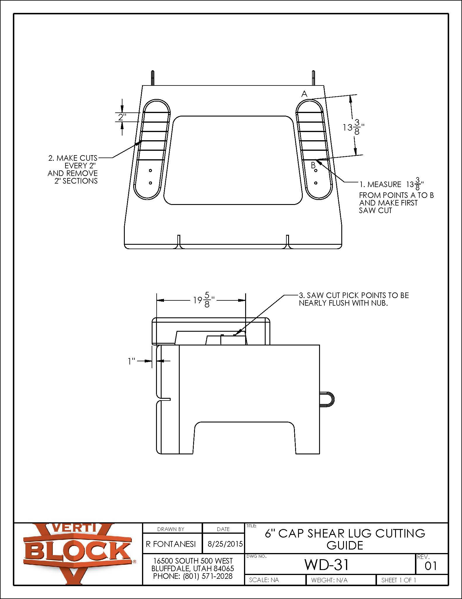 Technical drawing of a 6-inch cap shear lug showing measurements and cutting instructions with labeled points A and B.