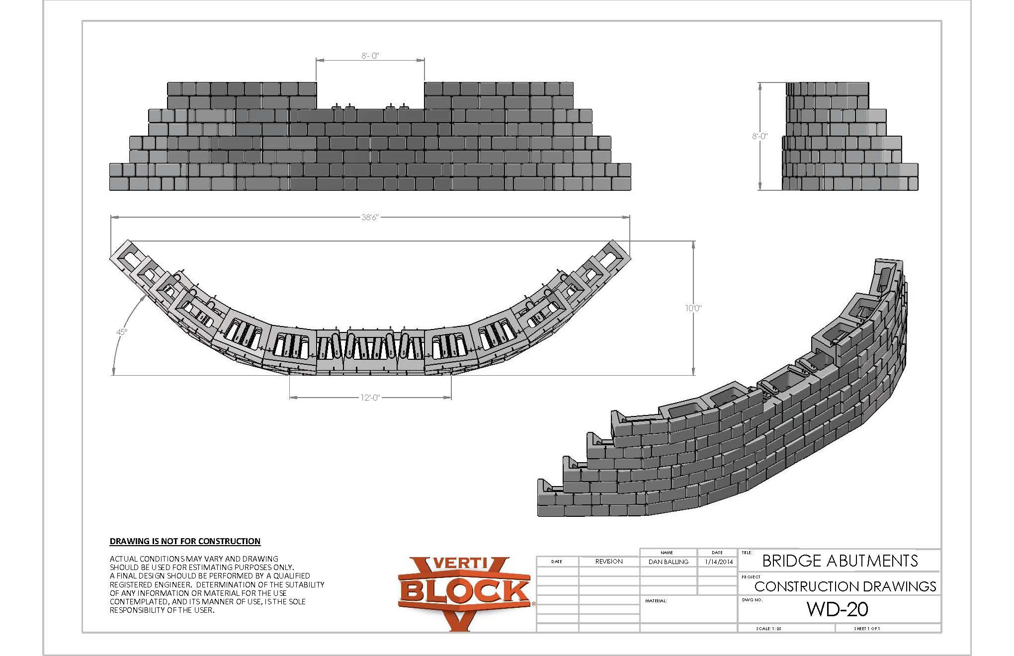 Construction drawing of bridge abutments showing top, side, front, and isometric views with dimensions and Verti-Block logo.